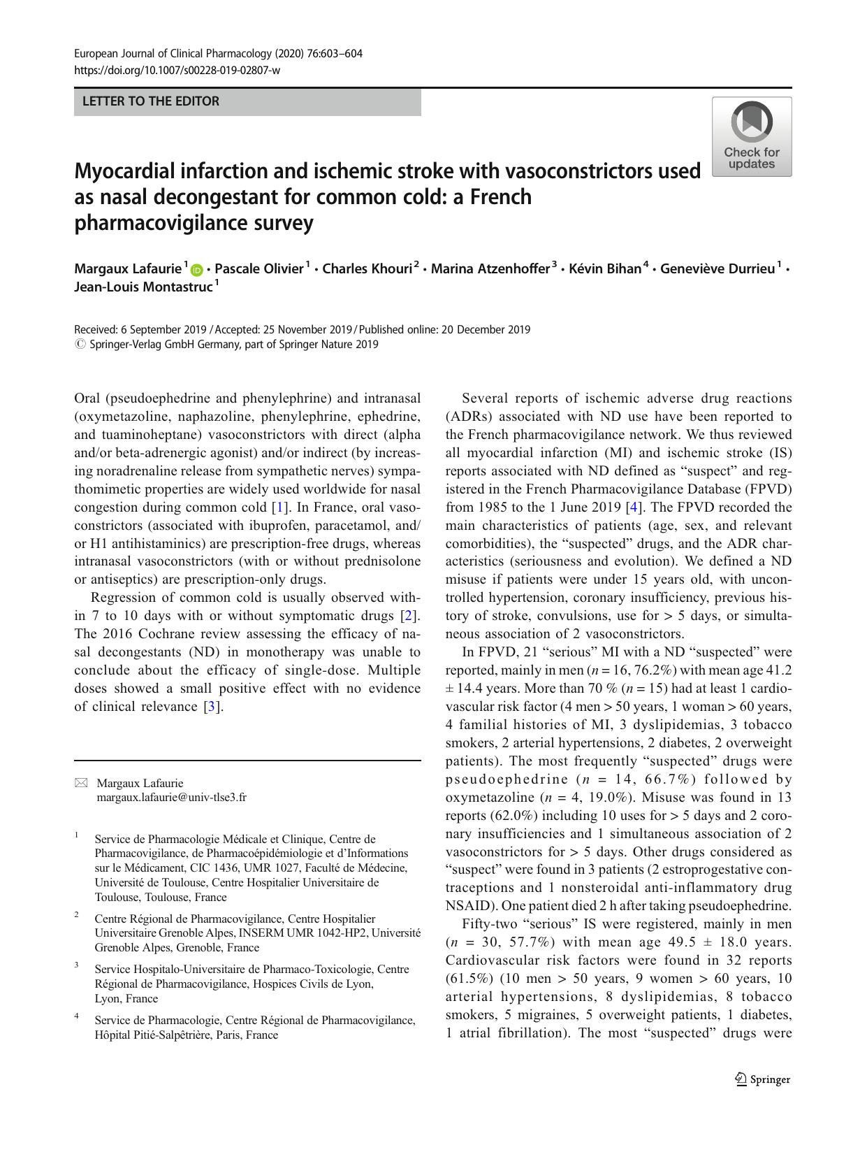 Myocardial infarction and ischemic stroke with vasoconstrictors used as nasal decongestant for common cold: a French pharmacovigilance survey by unknow
