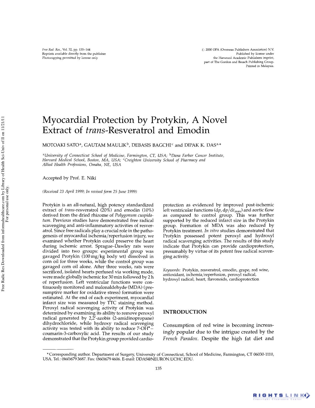 Myocardial protection by Protykin, a novel extract of trans-resveratrol and emodin by Motoaki Sato Gautam Maulik Debasis Bagchi & Dipak K. Das