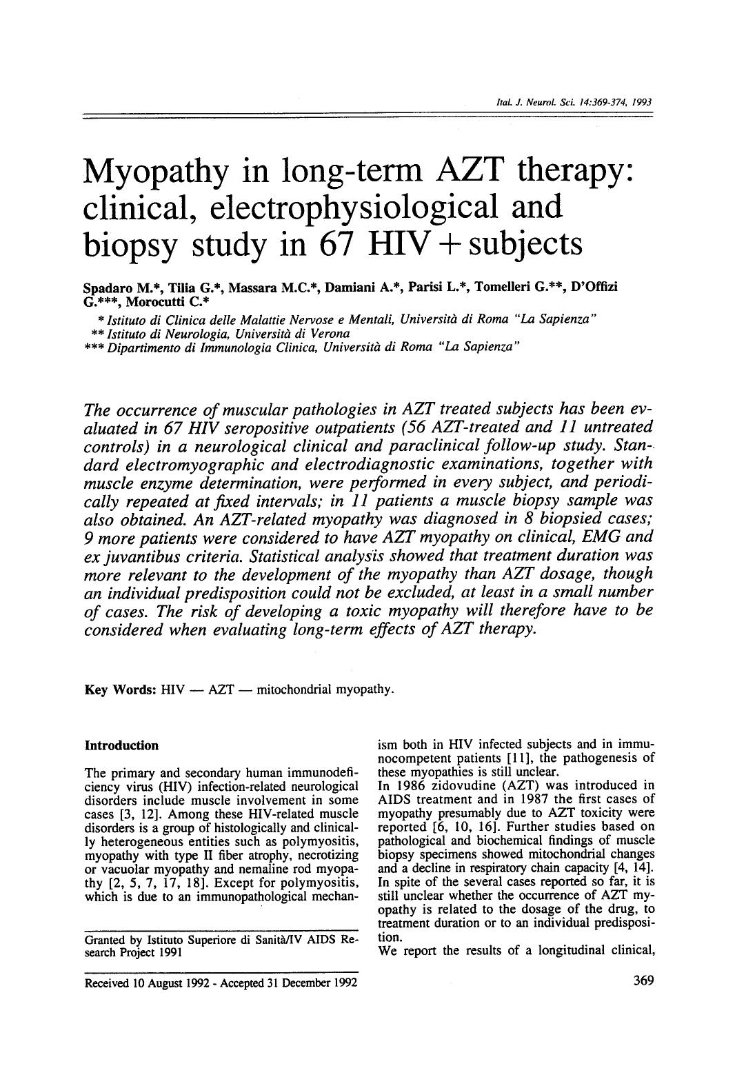 Myopathy in long-term AZT therapy: Clinical, electrophysiological and biopsy study in 67 HIV+subjects by Unknown