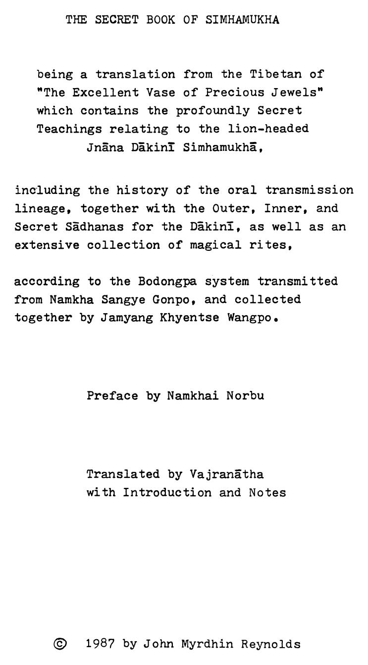 Myrdhin Reynolds, John (tr) by The Secret Book of Simhamukha