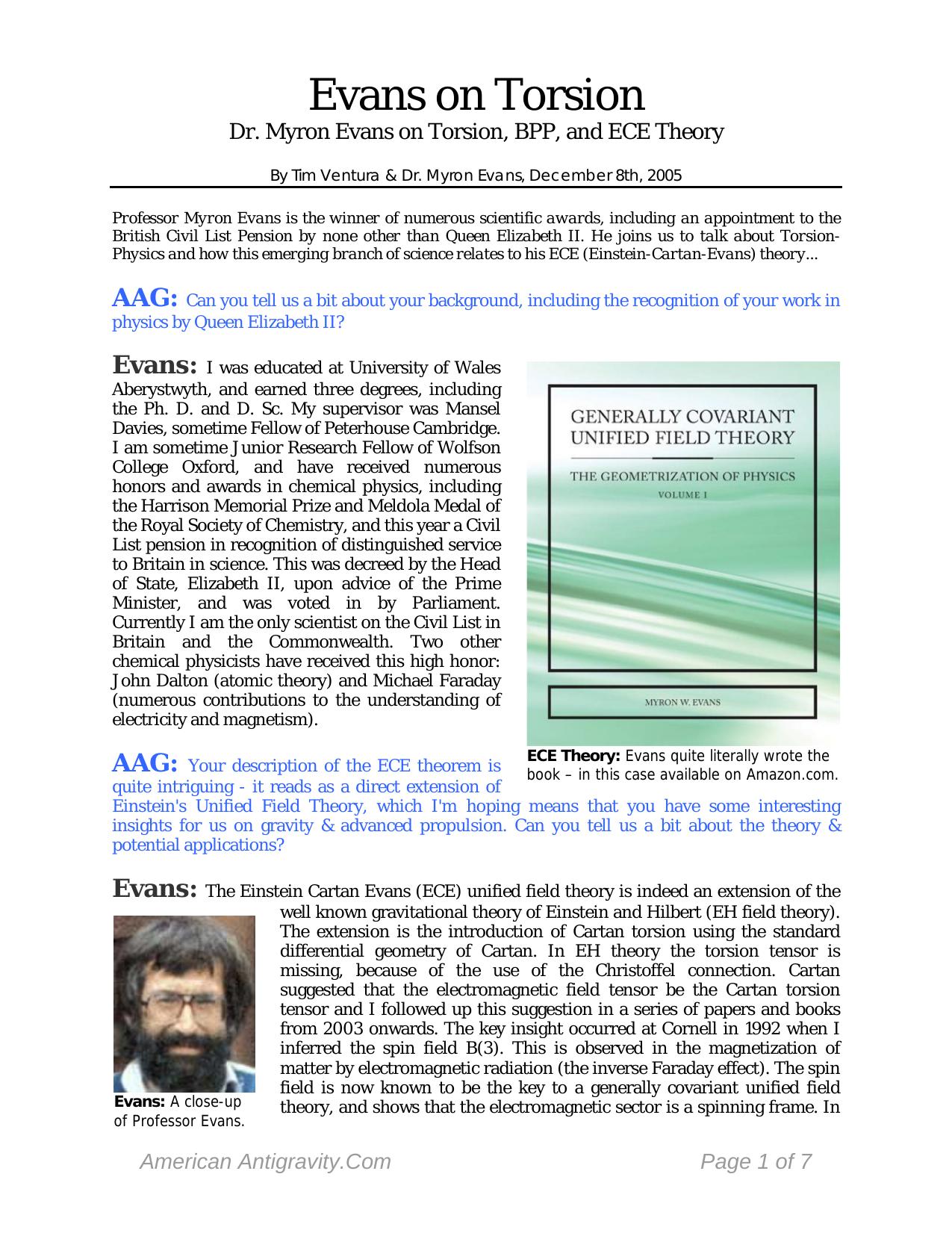 Myron Evans Interview on Torsion Physics by Tim Ventura