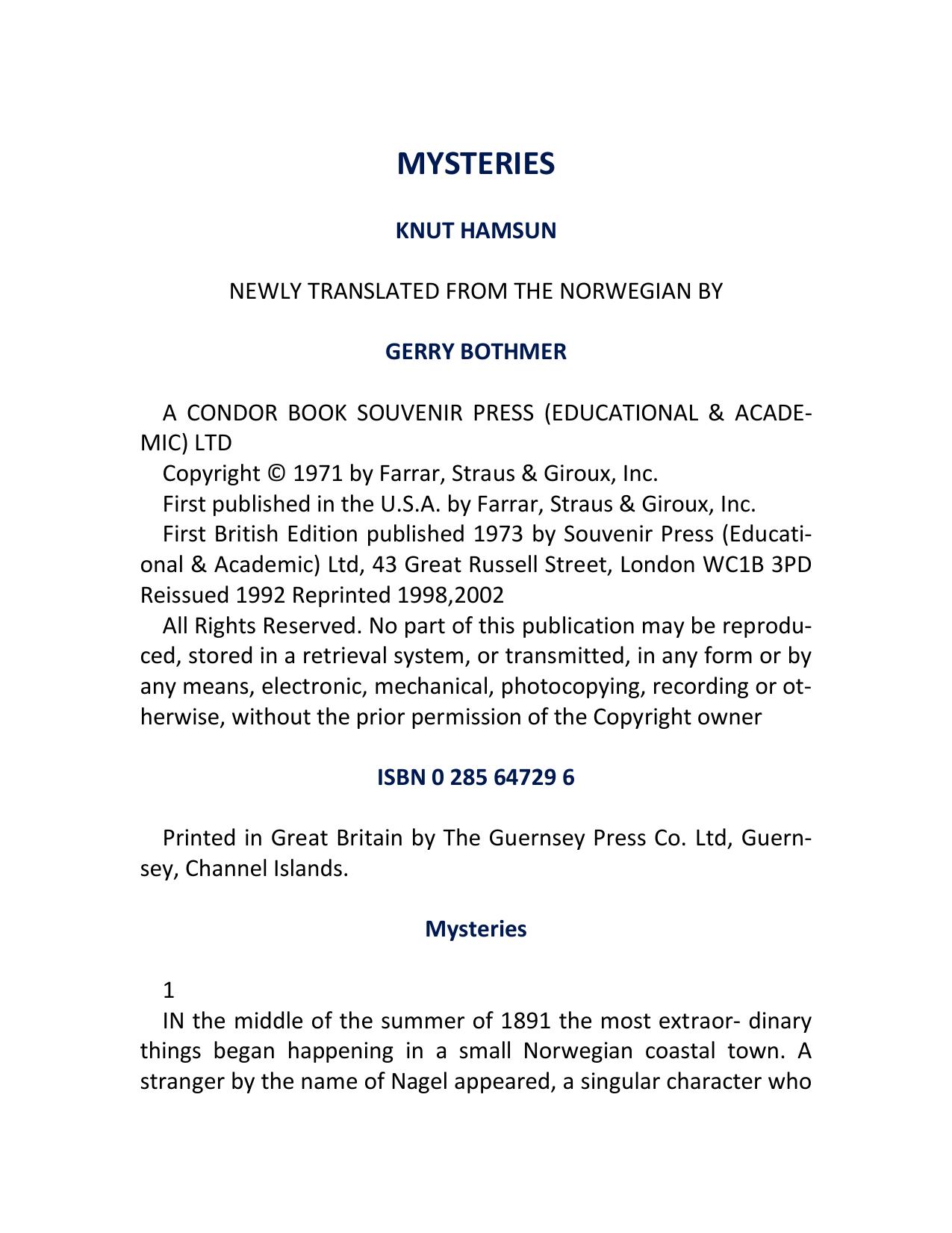 Mysteries by Knut Hamsun