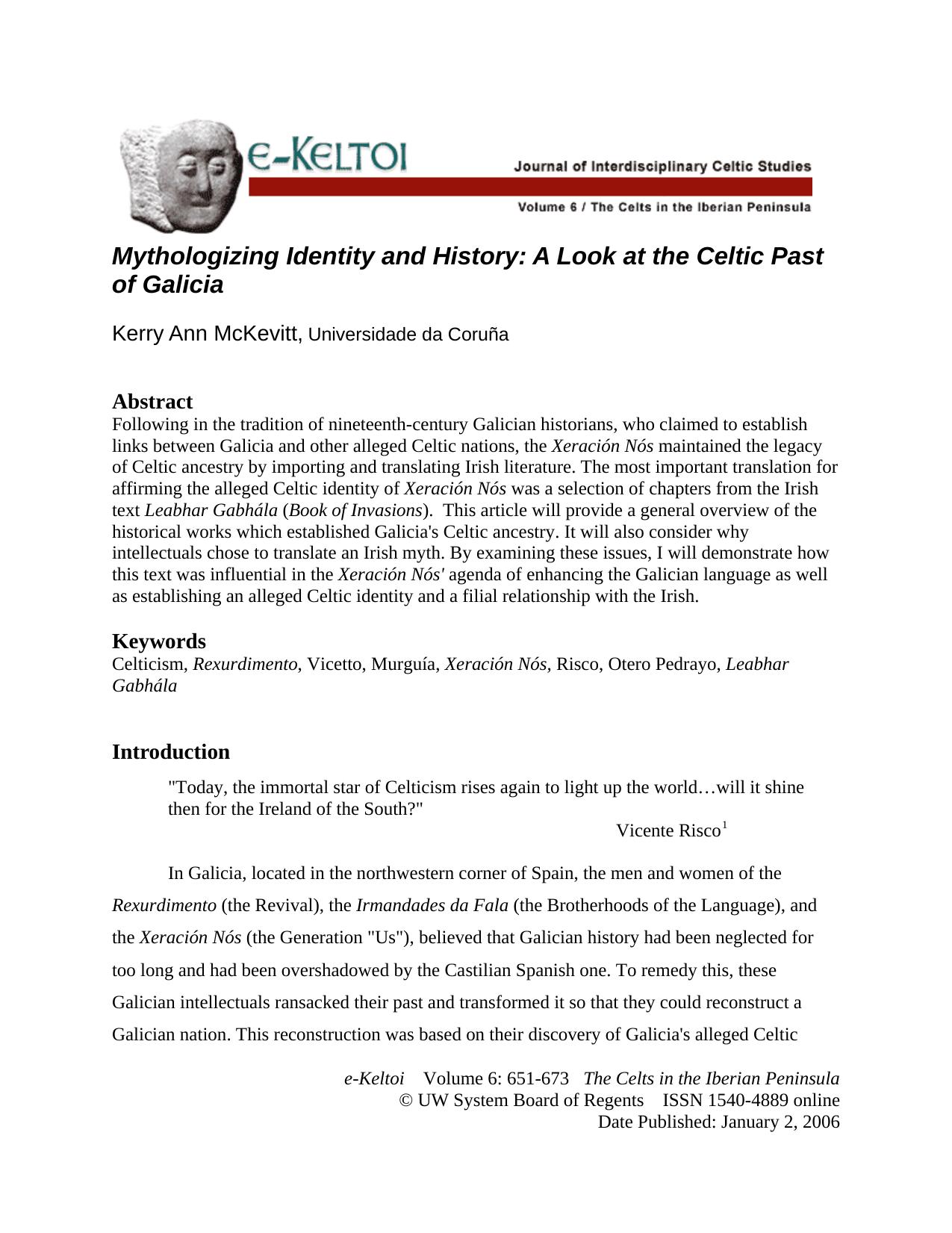 Mythologising Identity and History: A Look at the Celtic Past of Galicia by Kerry Ann McKevitt