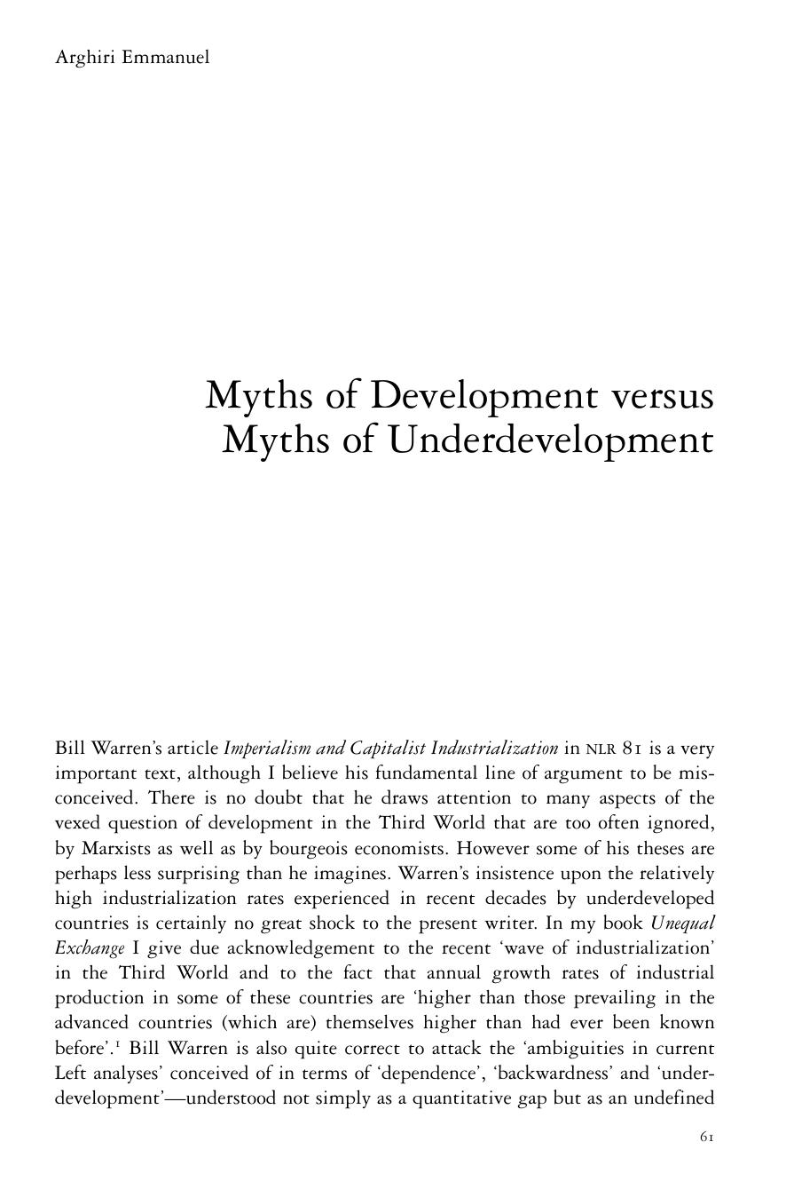 Myths of Development versus Myths of Underdevelopment by Arghiri Emmanuel