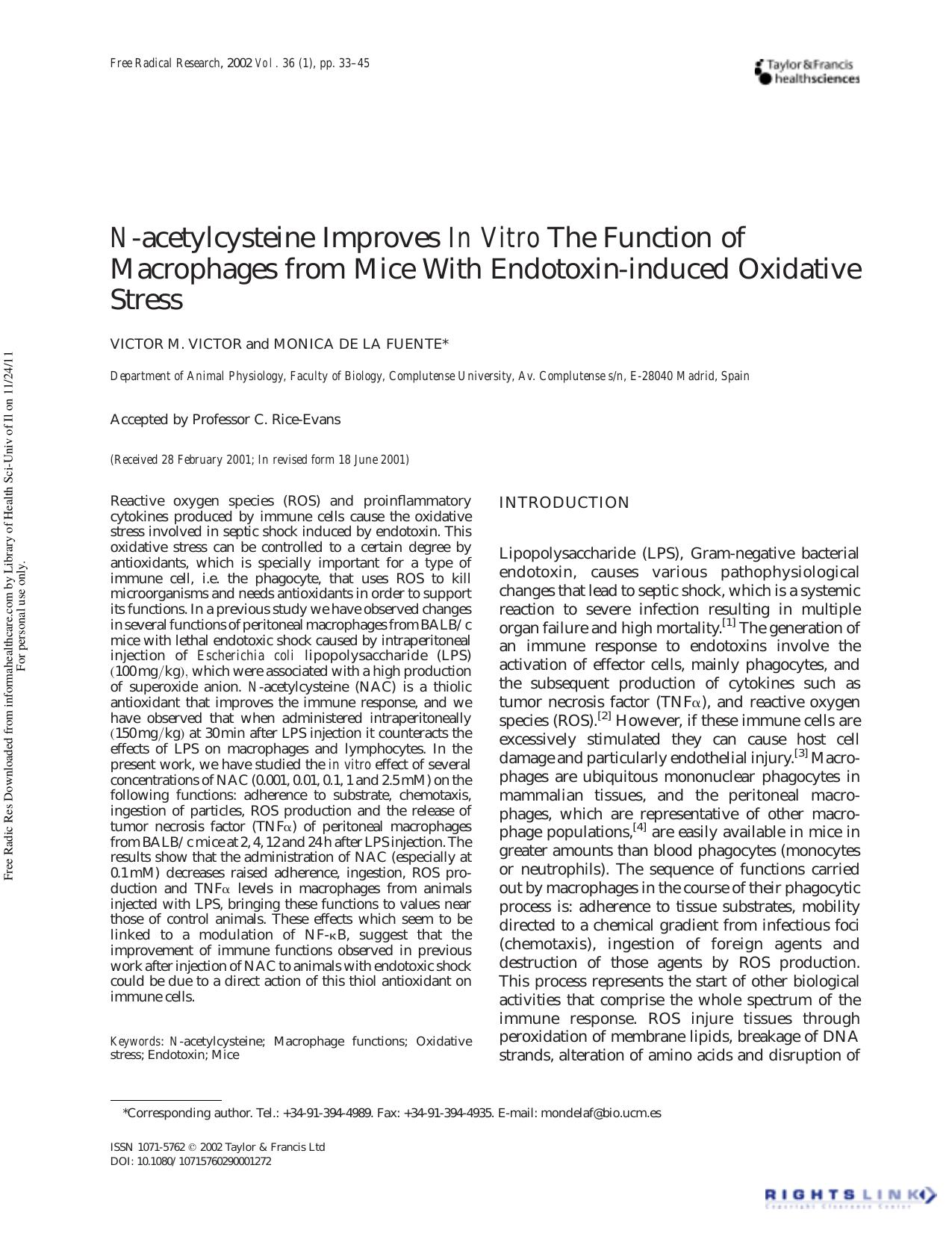 N -acetylcysteine Improves In Vitro The Function of Macrophages from Mice With Endotoxin-induced Oxidative Stress by Victor M. Victor1 & Monica De la Fuente