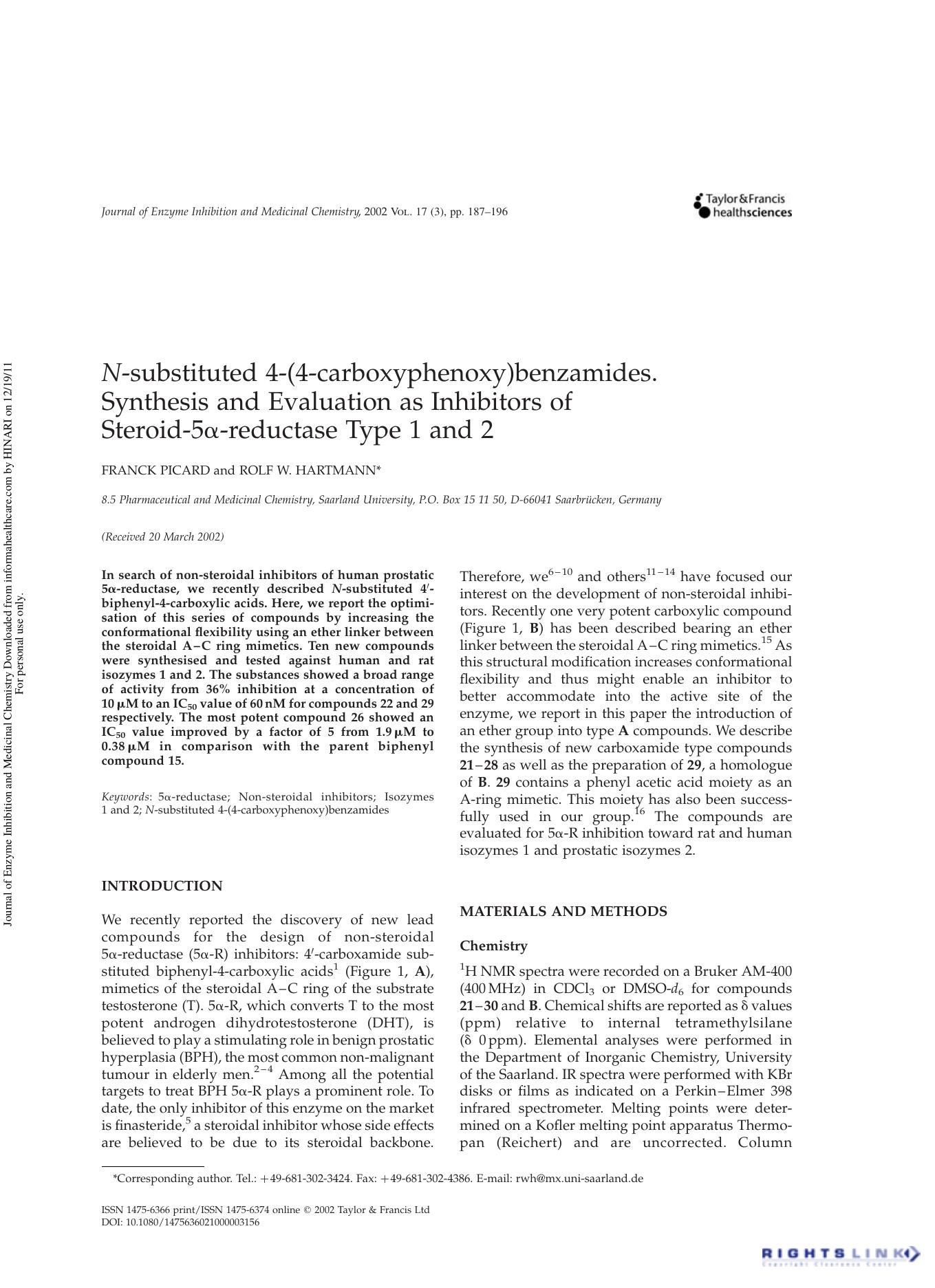 N -substituted 4-(4-carboxyphenoxy)benzamides. Synthesis and Evaluation as Inhibitors of Steroid-5Î±-reductase Type 1 and 2 by Franck Picard & Rolf W. Hartmann