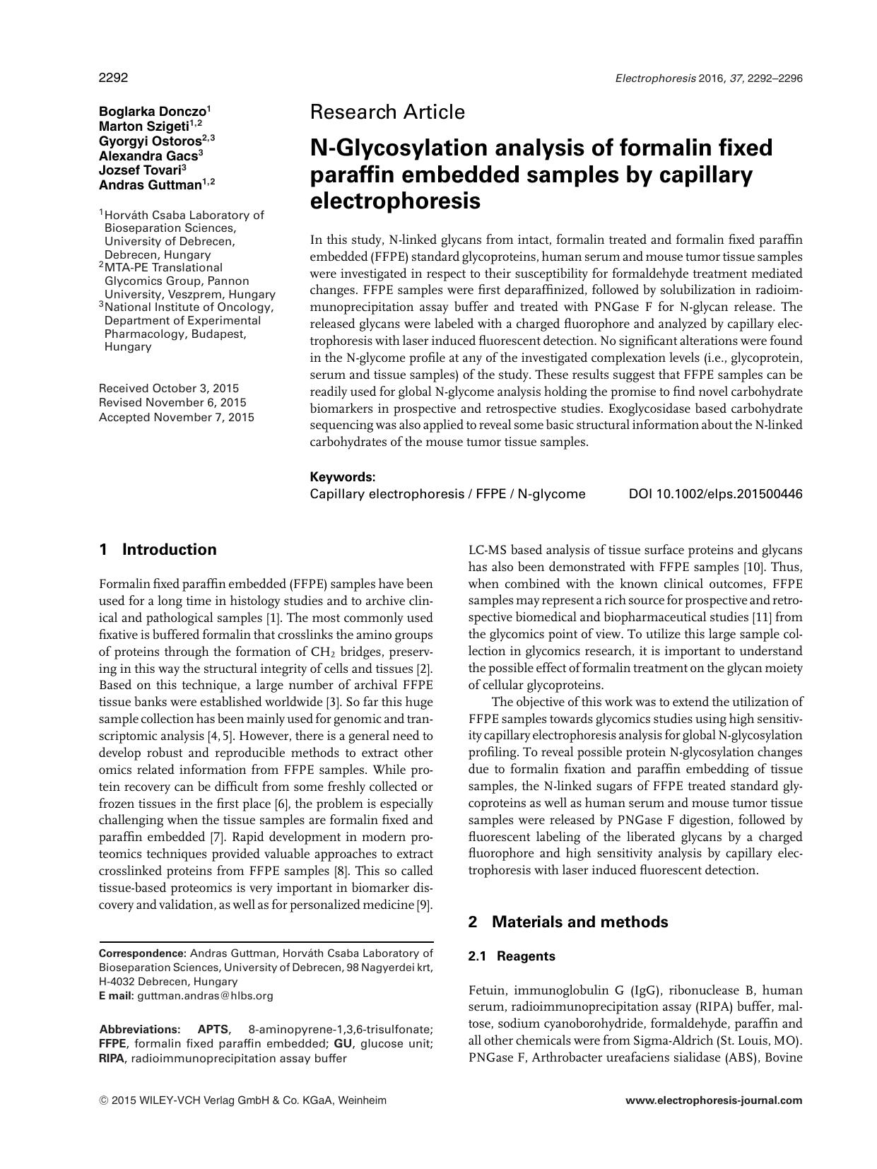 N‐Glycosylation analysis of formalin fixed paraffin embedded samples by capillary electrophoresis by Unknown
