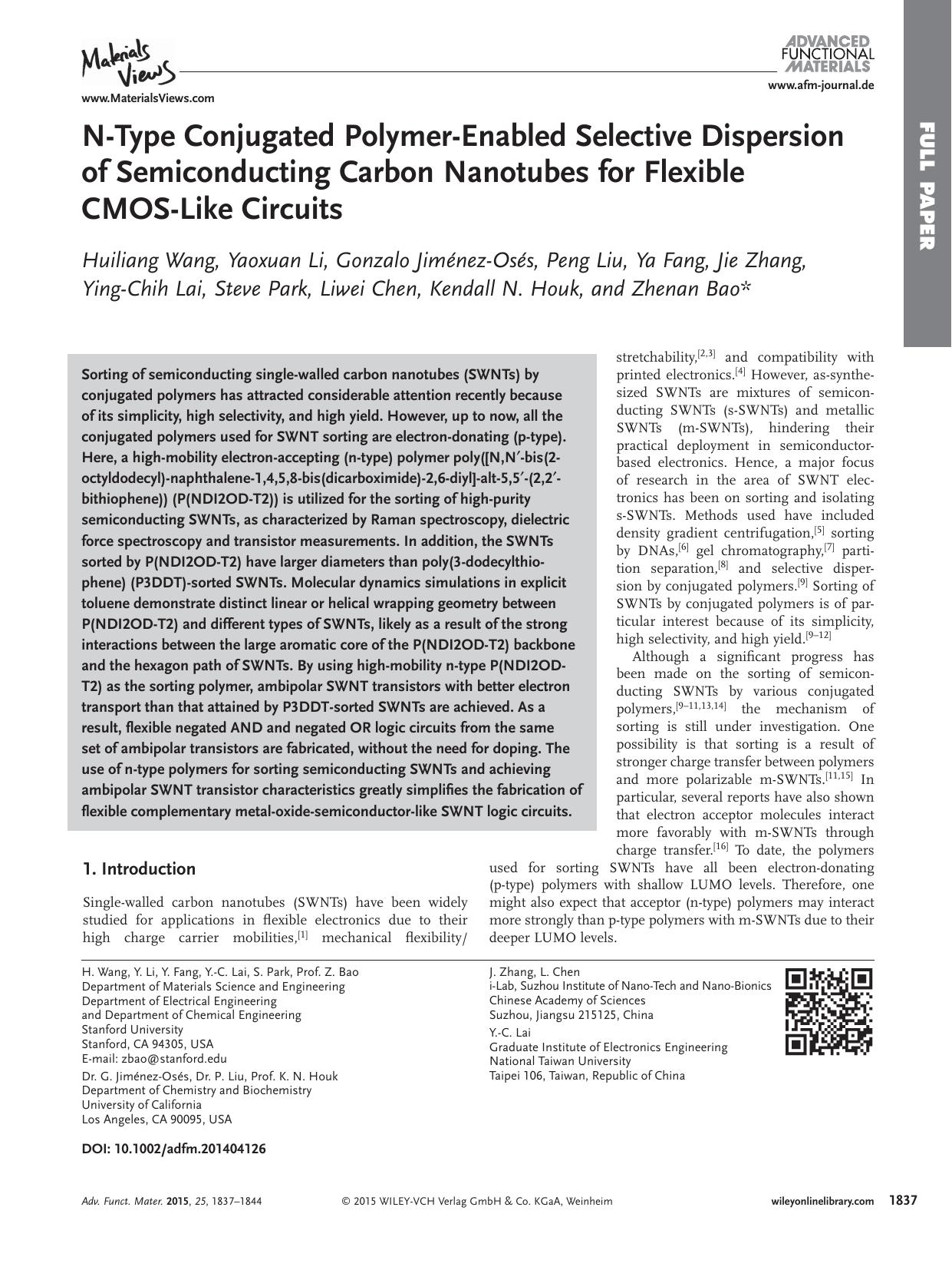 N‐Type Conjugated Polymer‐Enabled Selective Dispersion of Semiconducting Carbon Nanotubes for Flexible CMOS‐Like Circuits by Unknown