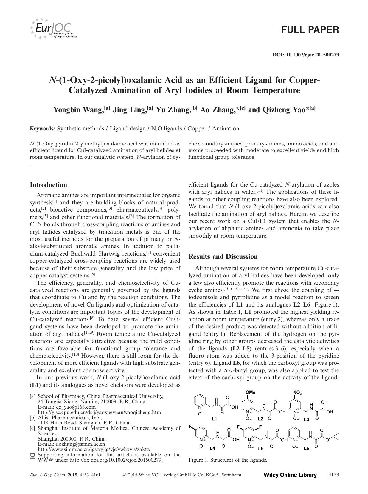 N(1Oxy2picolyl)oxalamic Acid as an Efficient Ligand for CopperCatalyzed Amination of Aryl Iodides at Room Temperature by Unknown