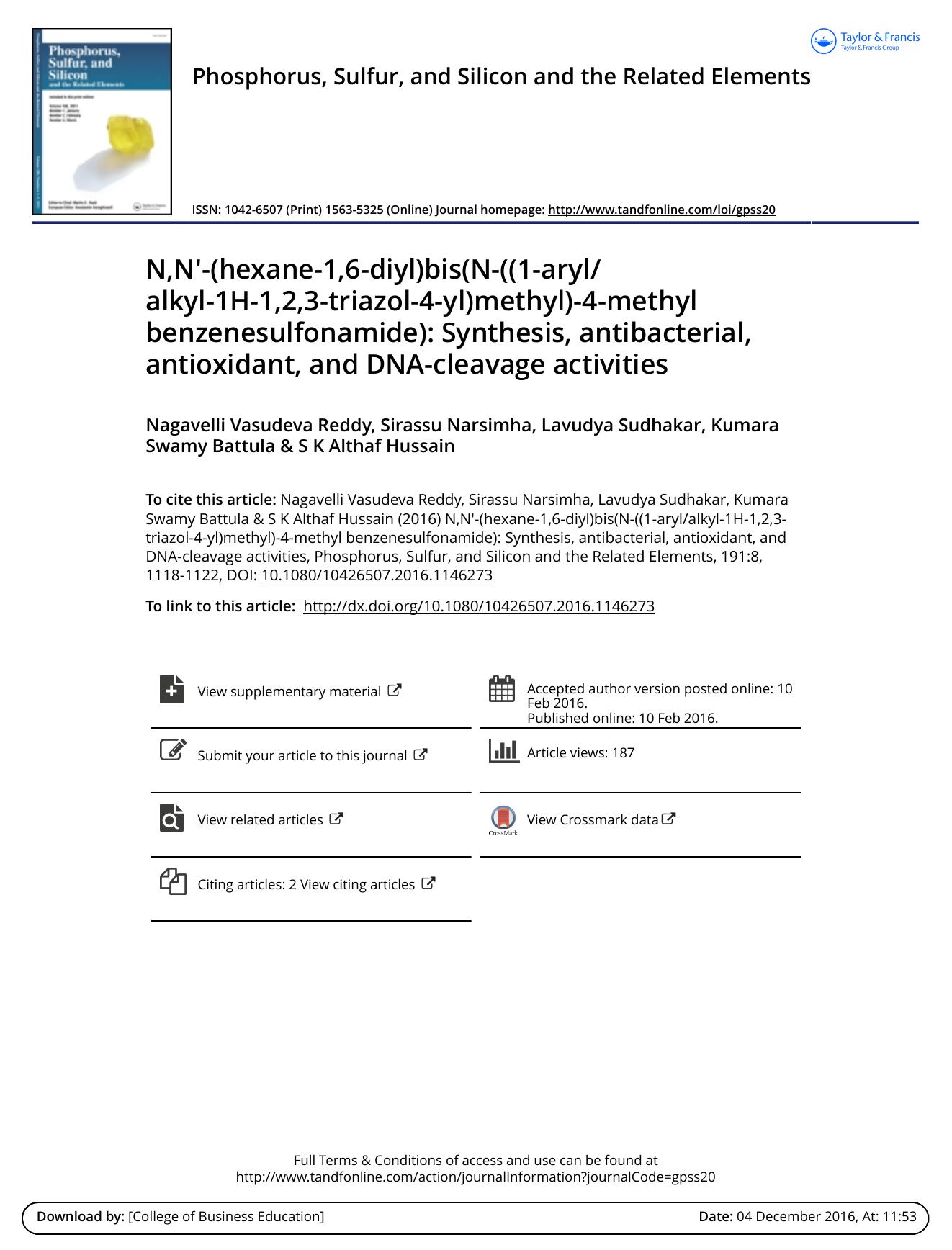 N,N-(hexane-1,6-diyl)bis(N-((1-arylalkyl-1H-1,2,3-triazol-4-yl)methyl)-4-methyl benzenesulfonamide): Synthesis, antibacterial, antioxidant, and DNA-cleavage activities by unknow