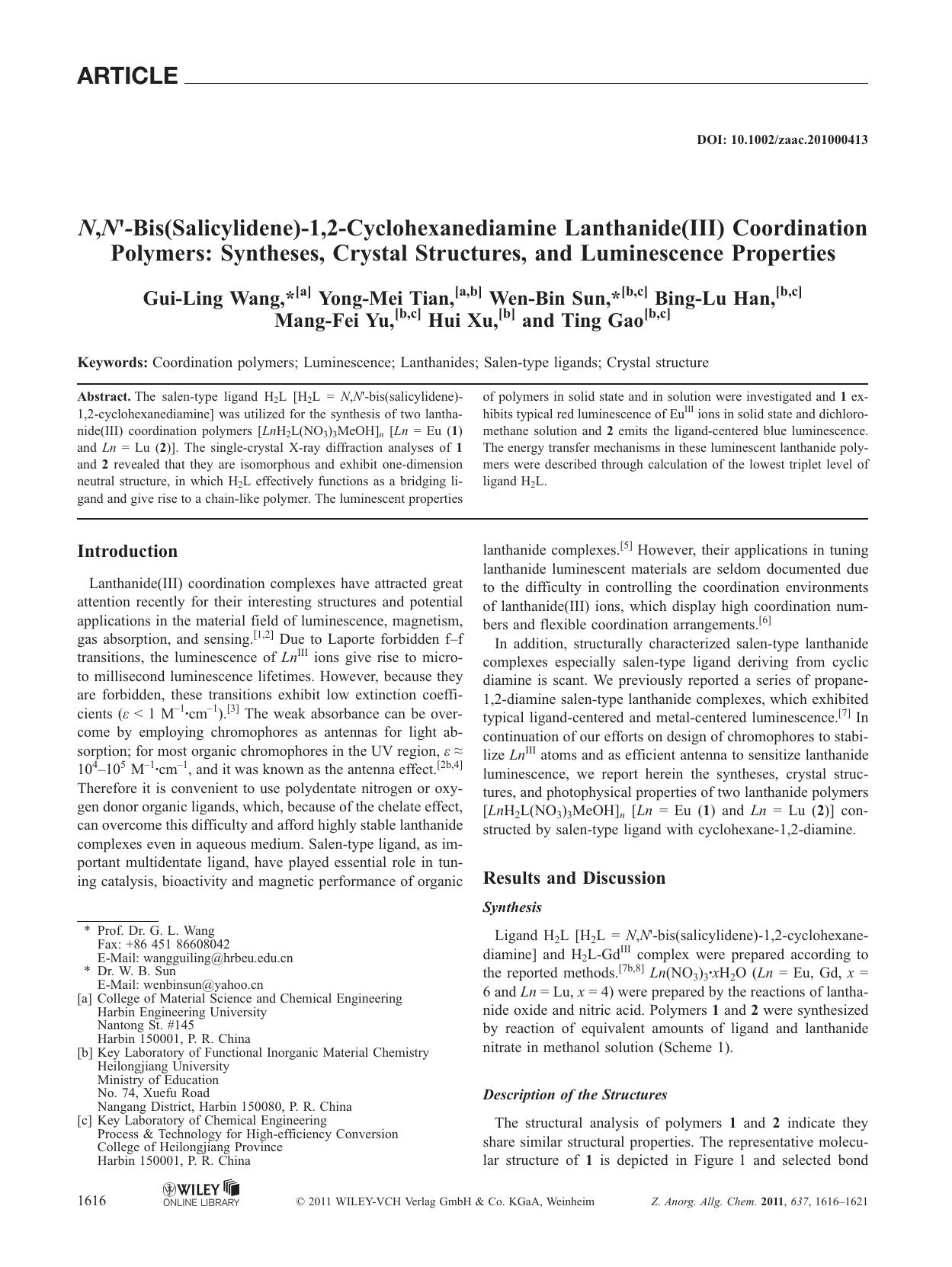 N,NBis(Salicylidene)1,2Cyclohexanediamine Lanthanide(III) Coordination Polymers: Syntheses, Crystal Structures, and Luminescence Properties by Unknown