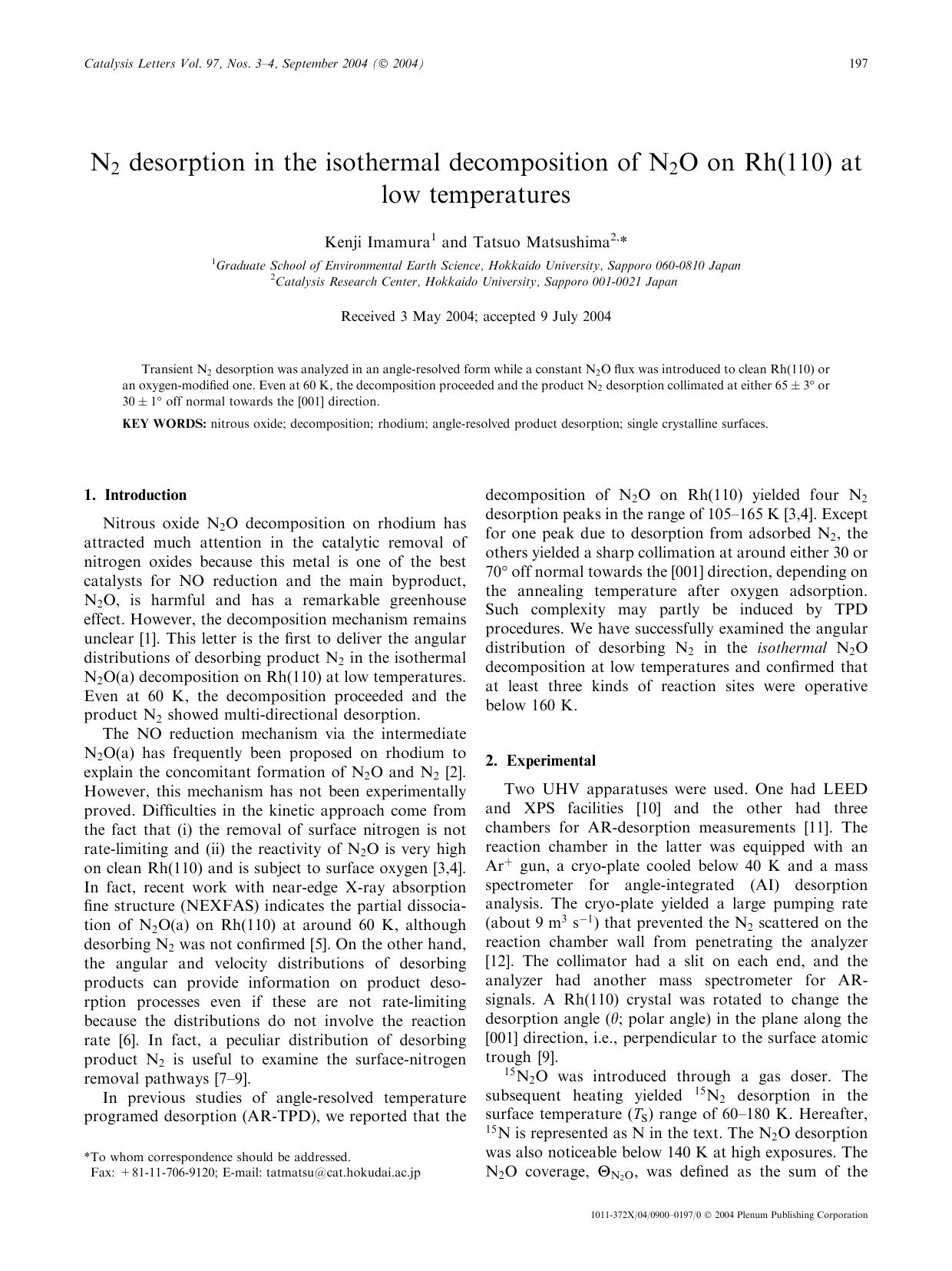N<Subscript>2<Subscript>Desorption in the Isothermal Decomposition of N<Subscript>2<Subscript>O on Rh(110) at Low Temperatures by Unknown