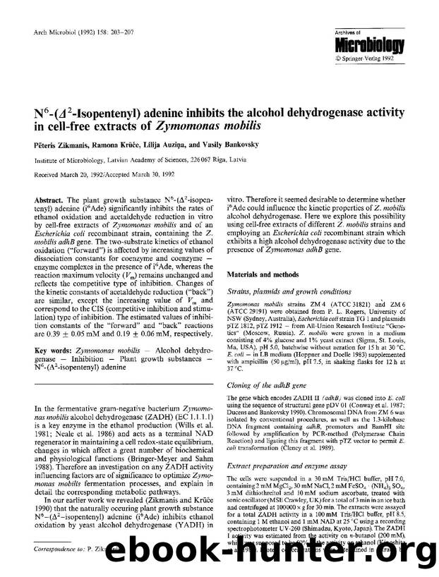 N<Superscript>6<Superscript>-(&#x0394;<Superscript>2<Superscript>-Isopentenyl) adenine inhibits the alcohol dehydrogenase activity in cell-free extracts of <Emphasis Type="Italic"> by Unknown