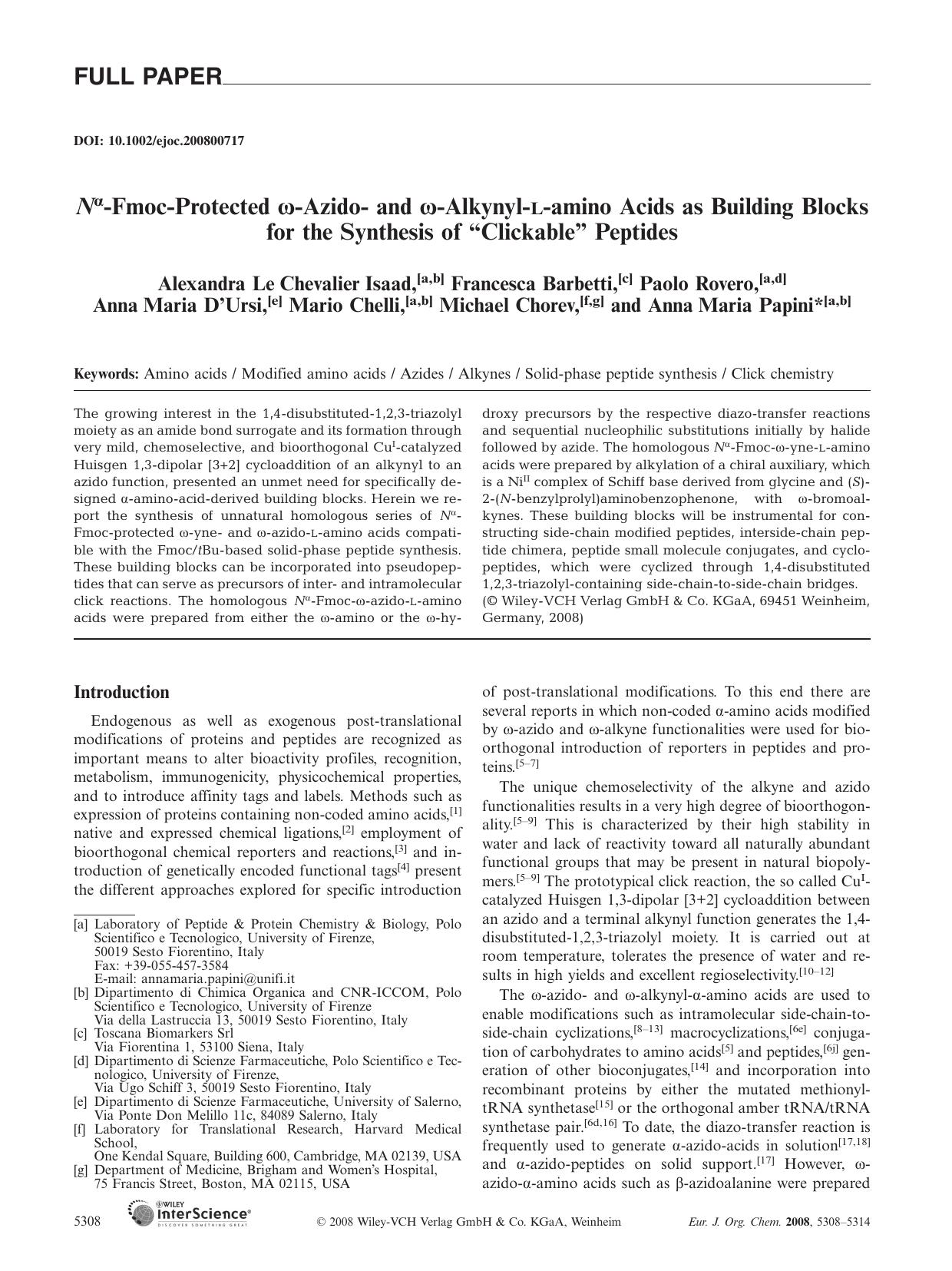 N[alpha]-Fmoc-Protected [omega]-Azido- and [omega]-Alkynyl-L-amino Acids as Building Blocks for the Synthesis of "Clickable" Peptides by Unknown