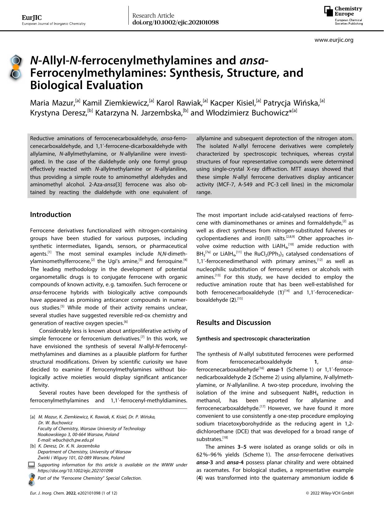 NâAllylâNâferrocenylmethylamines and ansaâFerrocenylmethylamines: Synthesis, Structure, and Biological Evaluation by Unknown