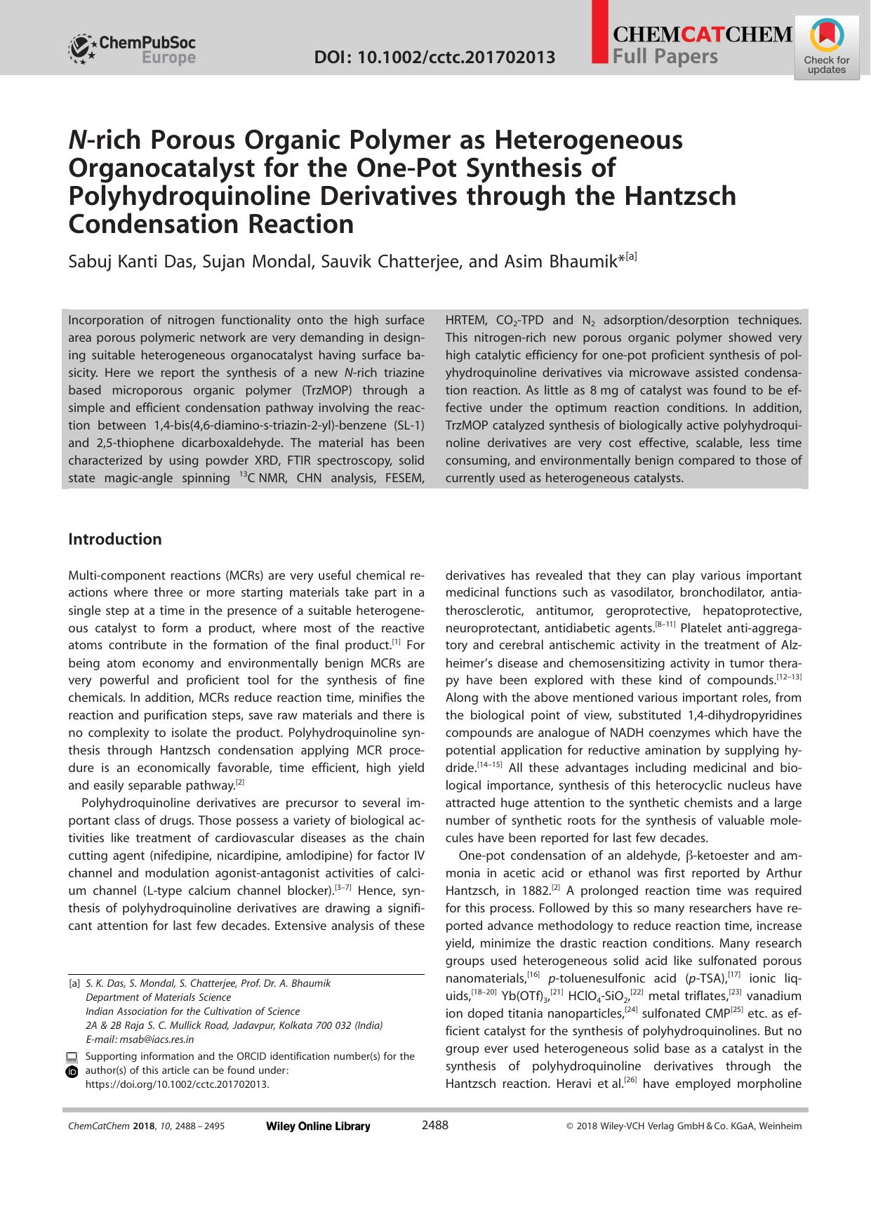 Nârich Porous Organic Polymer as Heterogeneous Organocatalyst for the OneâPot Synthesis of Polyhydroquinoline Derivatives through the Hantzsch Condensation Reaction by Unknown
