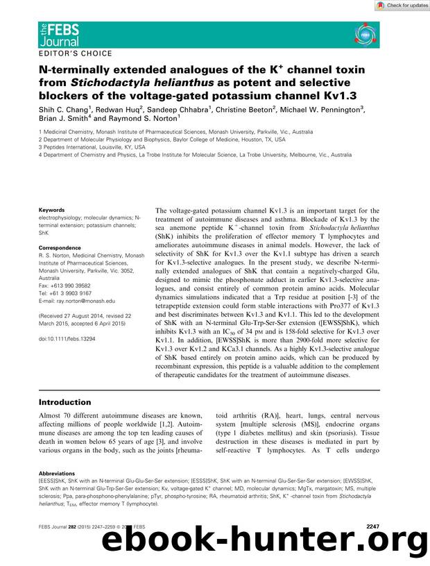 Nâterminally extended analogues of the K+ channel toxin from StichodactylaÂ helianthus as potent and selective blockers of the voltageâgated potassium channel Kv1.3 by Unknown
