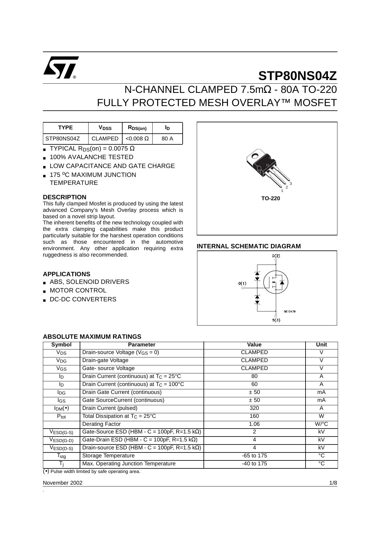 N- CHANNEL CLAMPED 7.5 MOHM - 80A TO-220 FULLY PROTECTED MESH OVERLAY MOSFET by STMicroelectronics
