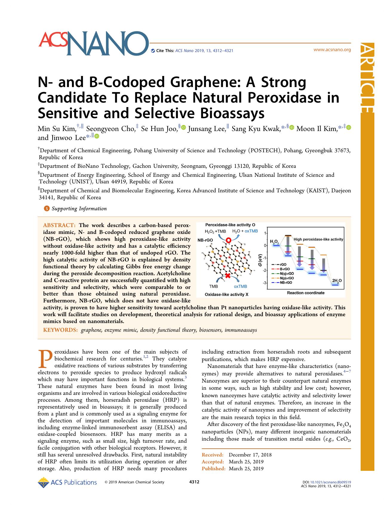 N- and B-Codoped Graphene: A Strong Candidate To Replace Natural Peroxidase in Sensitive and Selective Bioassays by Min Su Kim Seongyeon Cho Se Hun Joo Junsang Lee Sang Kyu Kwak Moon Il Kim and Jinwoo Lee