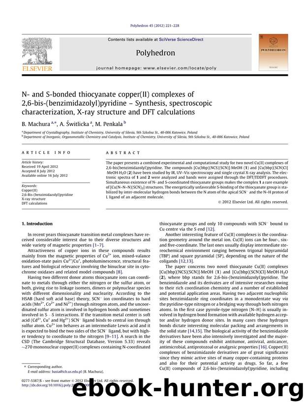 N- and S-bonded thiocyanate copper(II) complexes of 2,6-bis-(benzimidazolyl)pyridine Ã¢â¬â Synthesis, spectroscopic characterization, X-ray structure and DFT calculations by B. Machura & A. Świtlicka & M. Penkala