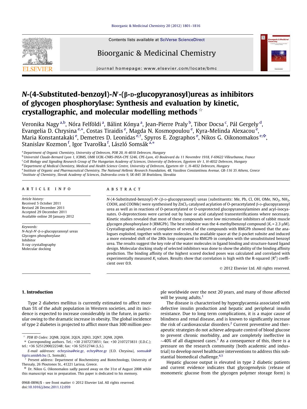 N-(4-Substituted-benzoyl)-NÃ¢â¬Â²-(ÃÂ²-d-glucopyranosyl)ureas as inhibitors of glycogen phosphorylase: Synthesis and evaluation by kinetic, crystallographic, and molecular modelling methods by unknow