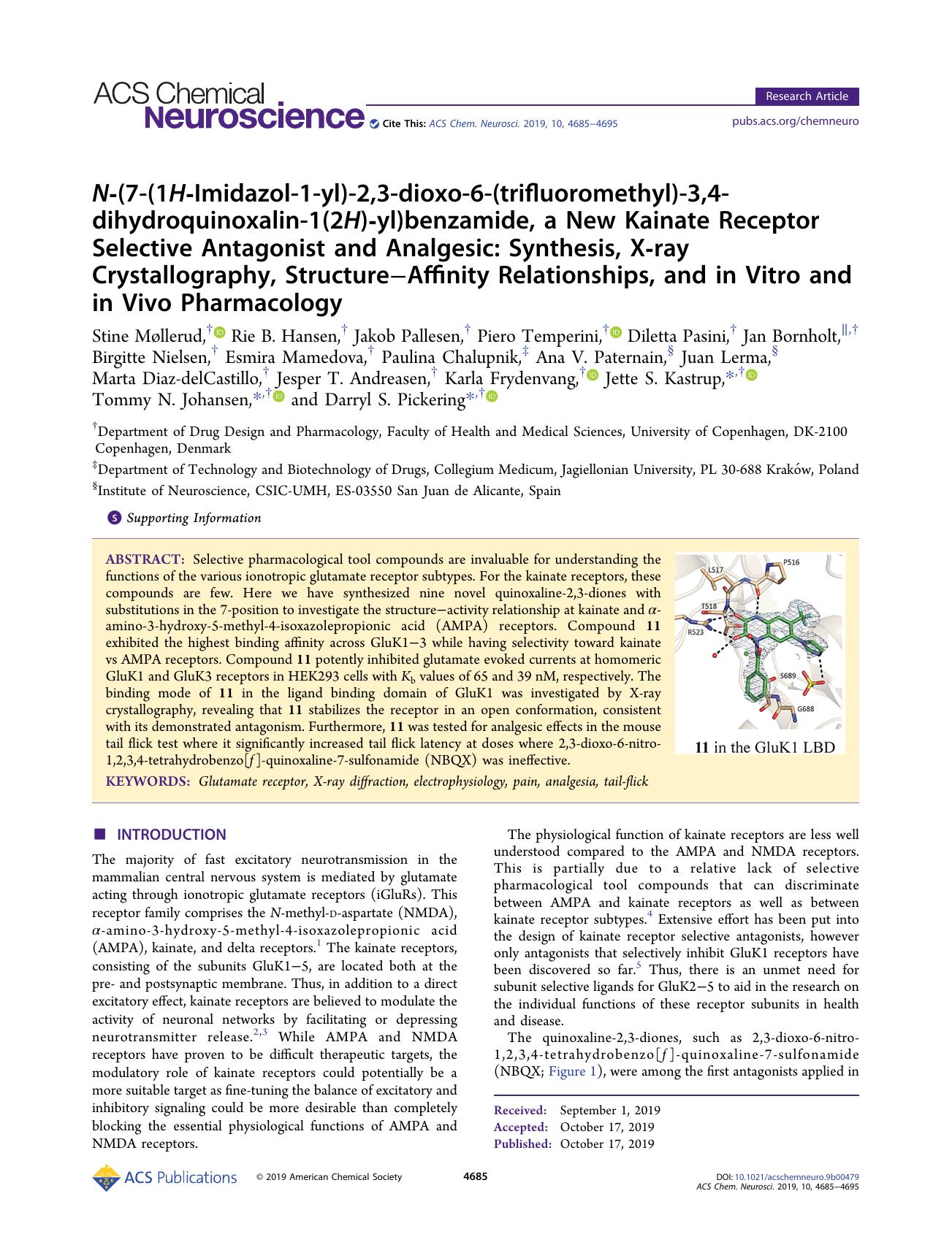 N-(7-(1H-Imidazol-1-yl)-2,3-dioxo-6-(trifluoromethyl)-3,4-dihydroquinoxalin-1(2H)-yl)benzamide, a New Kainate Receptor Selective Antagonist and Analgesic: Synthesis, X-ray Crystall by unknow