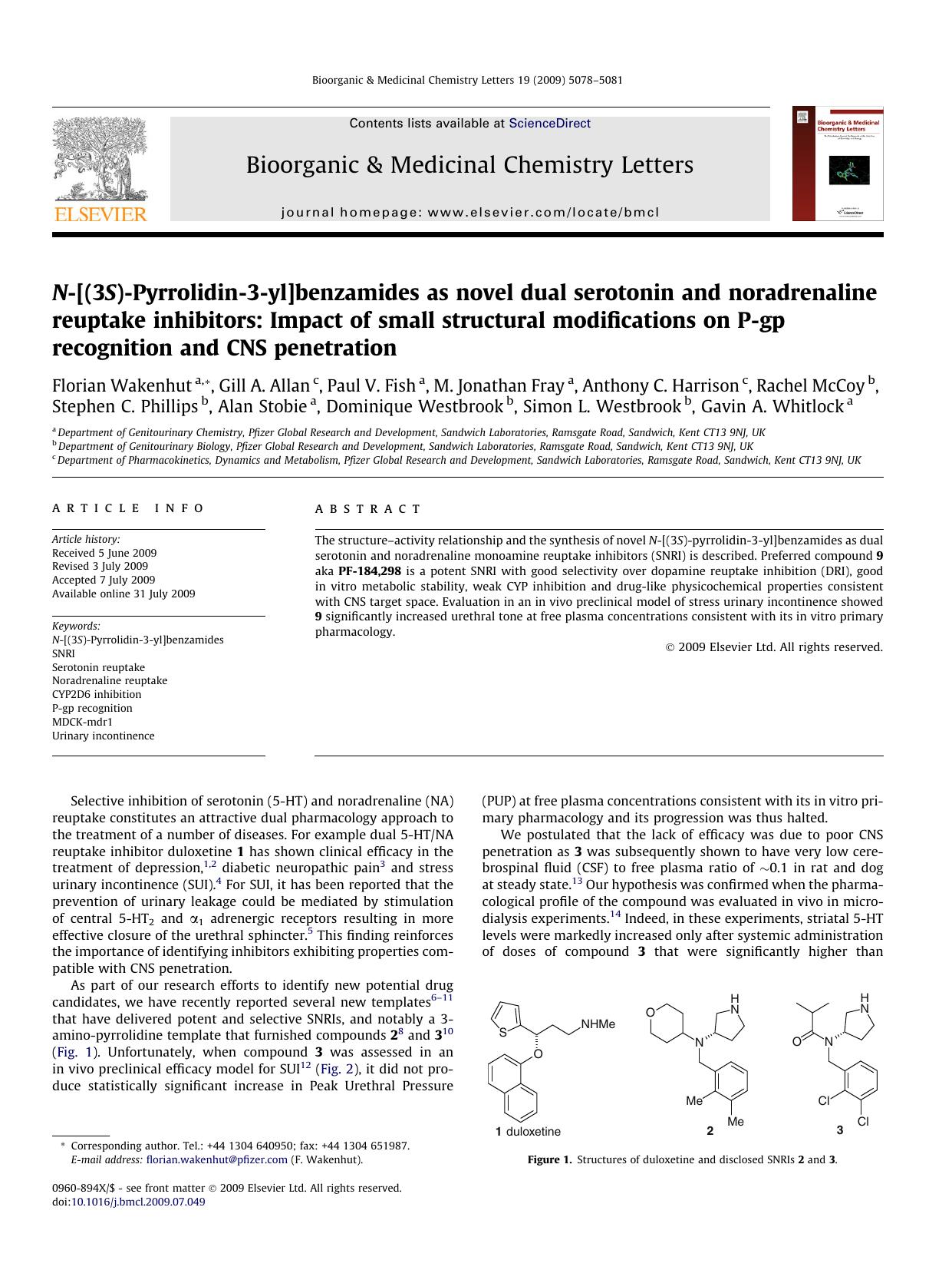 N-[(3S)-Pyrrolidin-3-yl]benzamides as novel dual serotonin and noradrenaline reuptake inhibitors: Impact of small structural modifications on P-gp recognition and CNS penetration by unknow