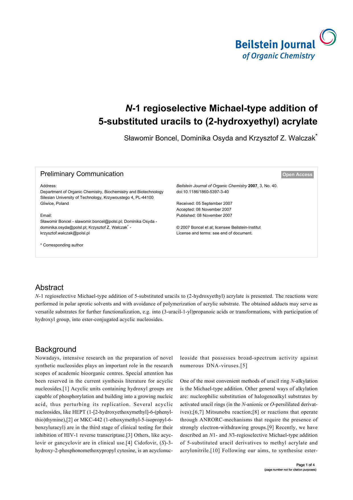 N-1 regioselective Michael-type addition of 5-substituted uracils to (2-hydroxyethyl) acrylate by Sławomir Boncel Dominika Osyda Krzysztof Z Walczak
