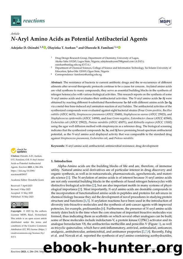 N-Aryl Amino Acids as Potential Antibacterial Agents by Adejoke D. Osinubi Olayinka T. Asekun & Oluwole B. Familoni
