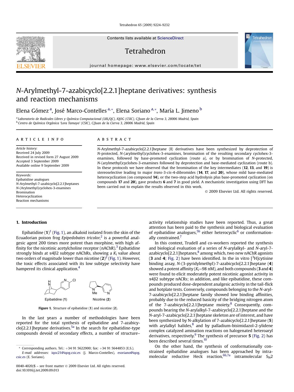 N-Arylmethyl-7-azabicyclo[2.2.1]heptane derivatives: synthesis and reaction mechanisms by Elena GOmez; JosE Marco-Contelles; Elena Soriano; MarIa L. Jimeno