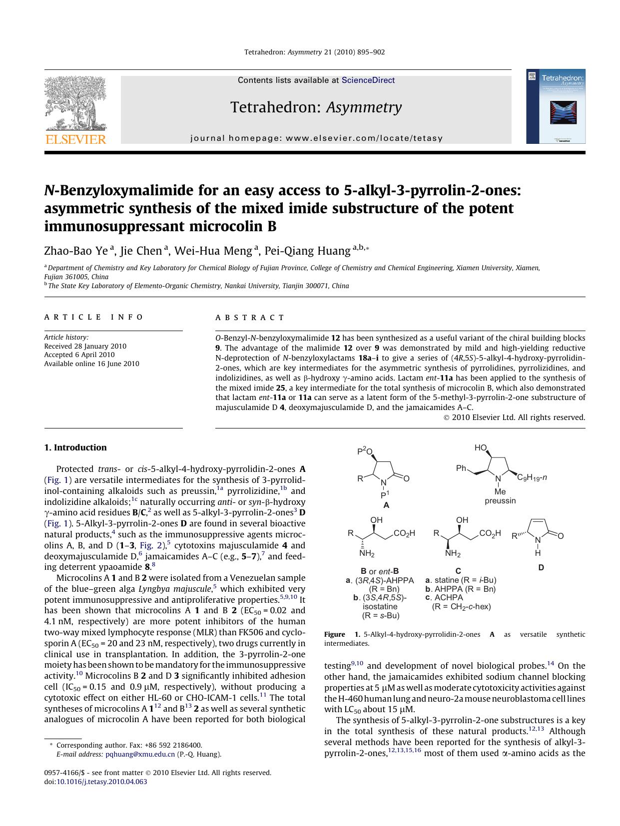 N-Benzyloxymalimide for an easy access to 5-alkyl-3-pyrrolin-2-ones: asymmetric synthesis of the mixed imide substructure of the potent immunosuppressant microcolin B by Zhao-Bao Ye & Jie Chen & Wei-Hua Meng & Pei-Qiang Huang