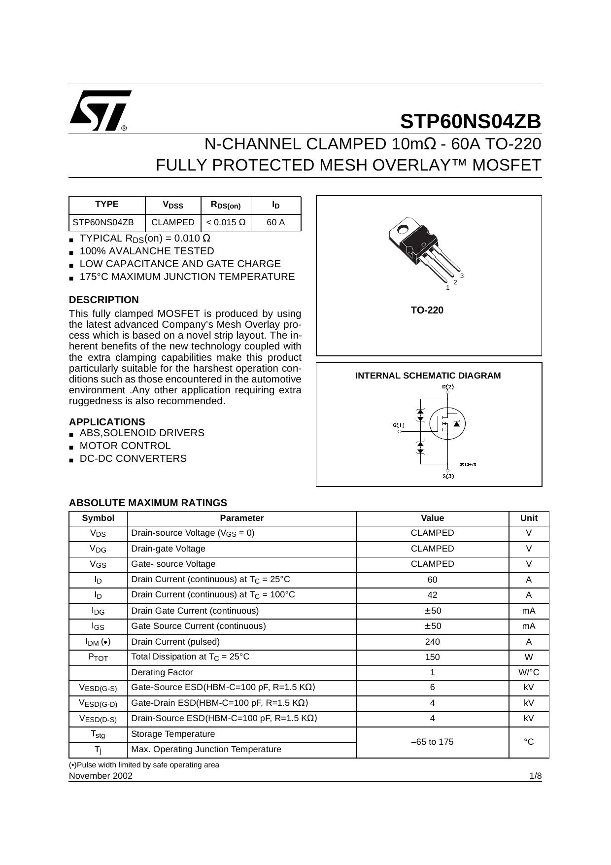 N-CHANNEL CLAMPED 10MOHM 60A TO-220 FULLY PROTECTED MESH OVERLAY MOSFET by STMicroelectronics