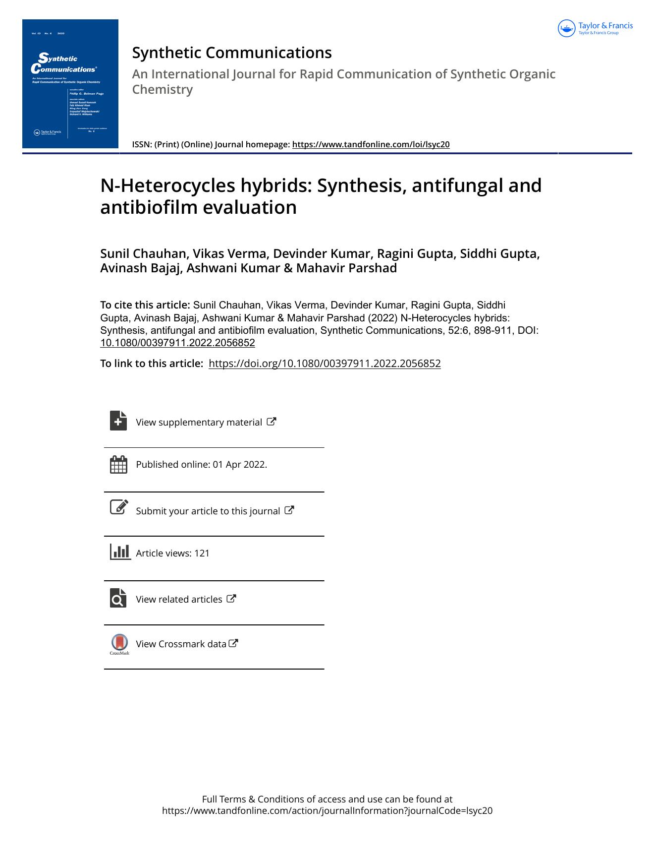 N-Heterocycles hybrids: Synthesis, antifungal and antibiofilm evaluation by unknow