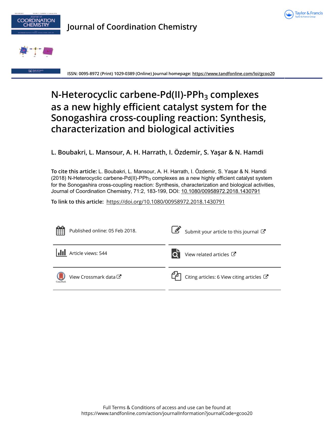 N-Heterocyclic carbene-Pd(II)-PPh3 complexes as a new highly efficient catalyst system for the Sonogashira cross-coupling reaction: Synthesis, characterization and biological activities by L. Boubakri & L. Mansour & A. H. Harrath & I. Özdemir & S. Yaşar & N. Hamdi