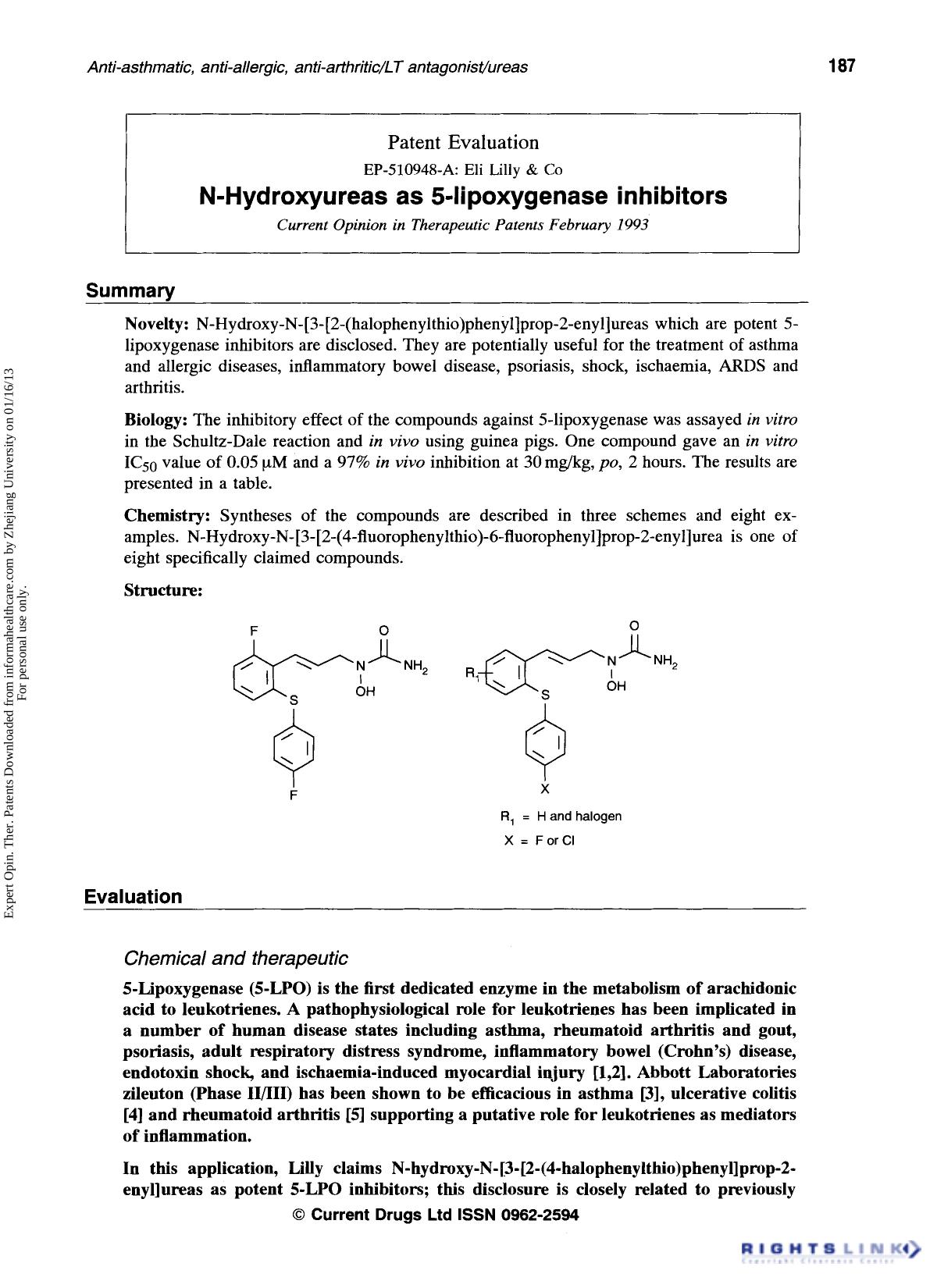 N-Hydroxyureas as 5-lipoxygenase inhibitors: Patent Evaluation by Unknown