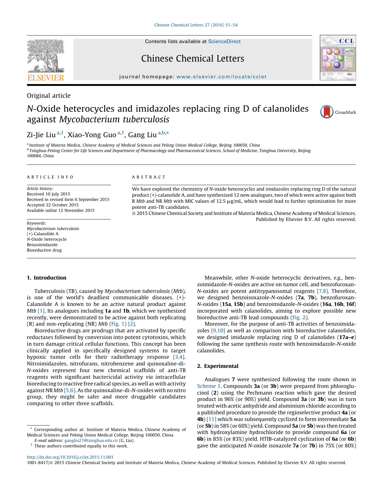 N-Oxide heterocycles and imidazoles replacing ring D of calanolides against Mycobacterium tuberculosis by Zi-Jie Liu & Xiao-Yong Guo & Gang Liu