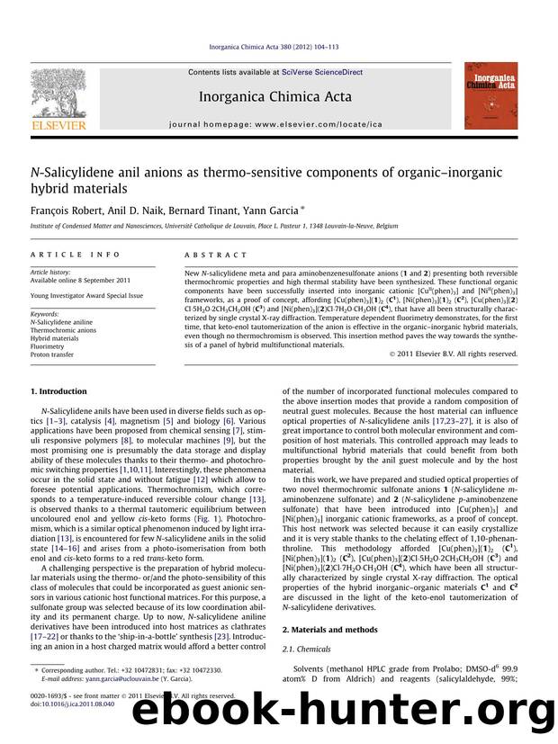 N-Salicylidene anil anions as thermo-sensitive components of organicÃ¢â¬âinorganic hybrid materials by FranÃ§ois Robert & Anil D. Naik & Bernard Tinant & Yann Garcia