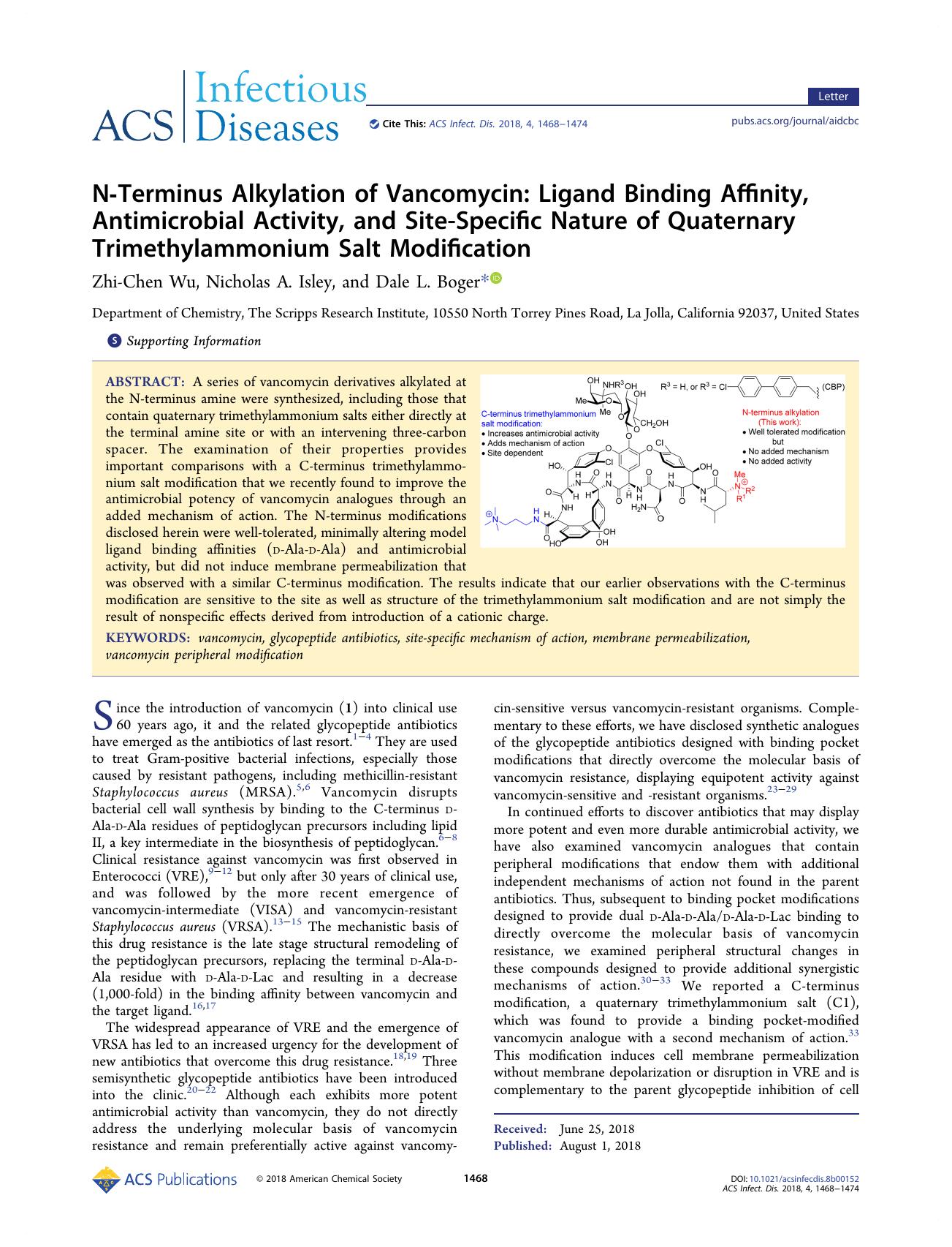 N-Terminus Alkylation of Vancomycin: Ligand Binding Affinity, Antimicrobial Activity, and Site-Specific Nature of Quaternary Trimethylammonium Salt Modification by Zhi-Chen Wu; Nicholas A. Isley; Dale L. Boger & Nicholas A. Isley & Dale L. Boger