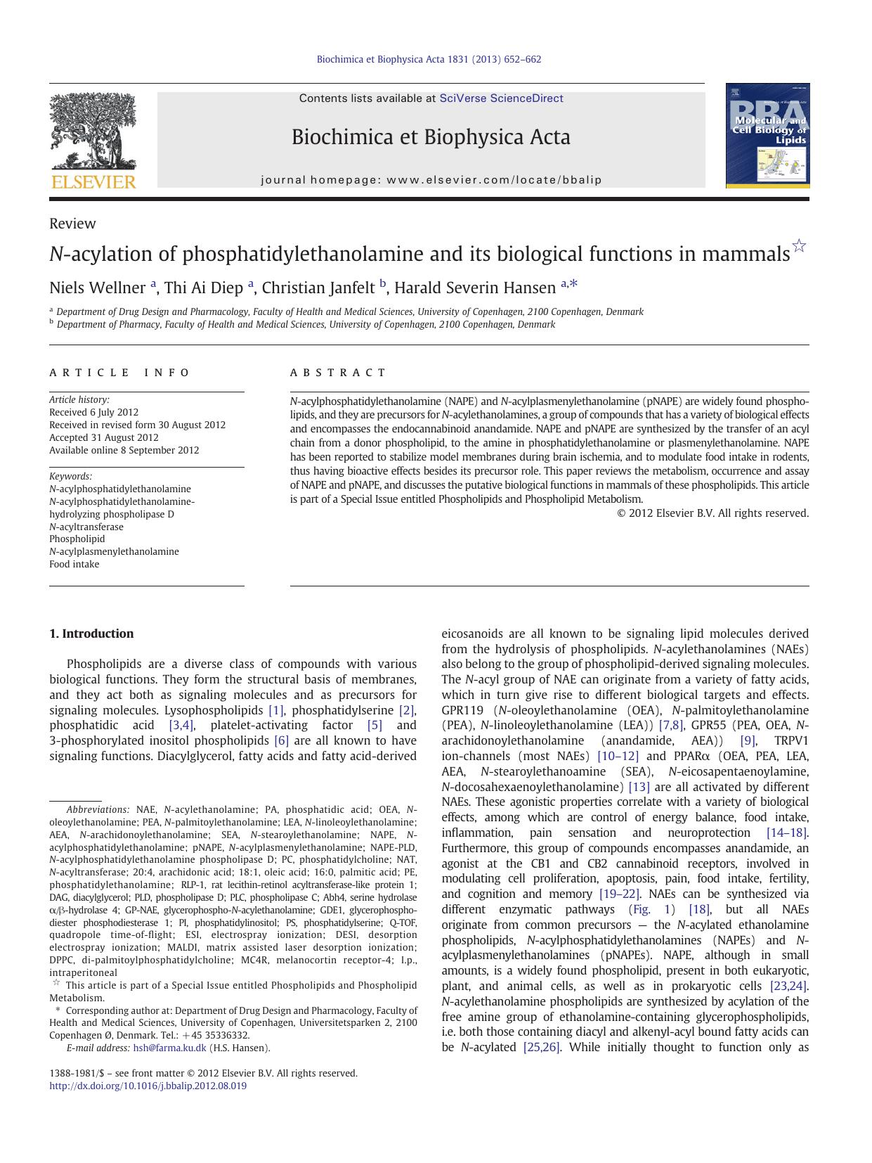 N-acylation of phosphatidylethanolamine and its biological functions in mammals by Niels Wellner & Thi Ai Diep & Christian Janfelt & Harald Severin Hansen