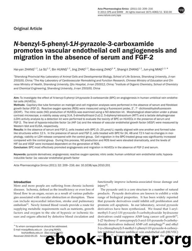 N-benzyl-5-phenyl-1H-pyrazole-3-carboxamide promotes vascular endothelial cell angiogenesis and migration in the absence of serum and FGF-2 by Hai-yan Zhang & Le Su & Bin Huang & Jing Zhao & Bao-xiang Zhao & Shang-li Zhang & Jun-ying Miao
