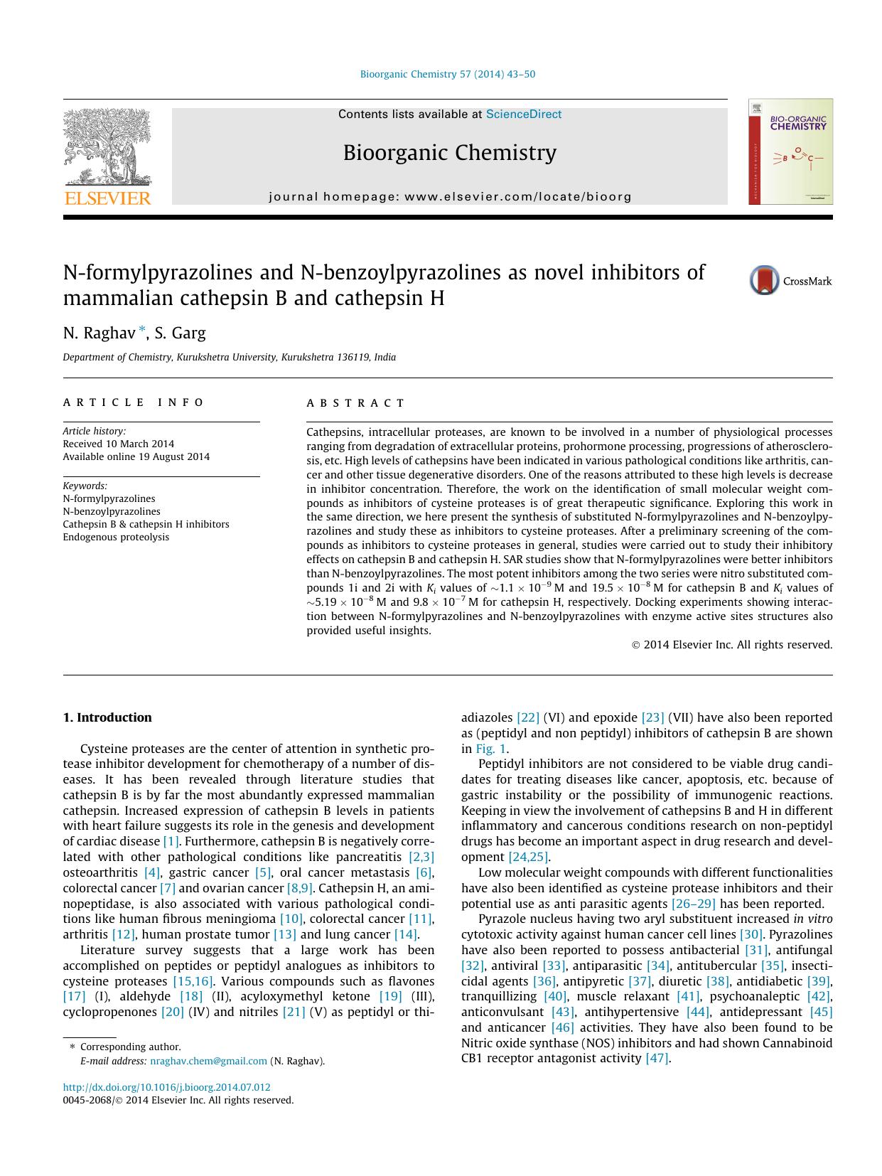 N-formylpyrazolines and N-benzoylpyrazolines as novel inhibitors of mammalian cathepsin B and cathepsin H by N. Raghav & S. Garg