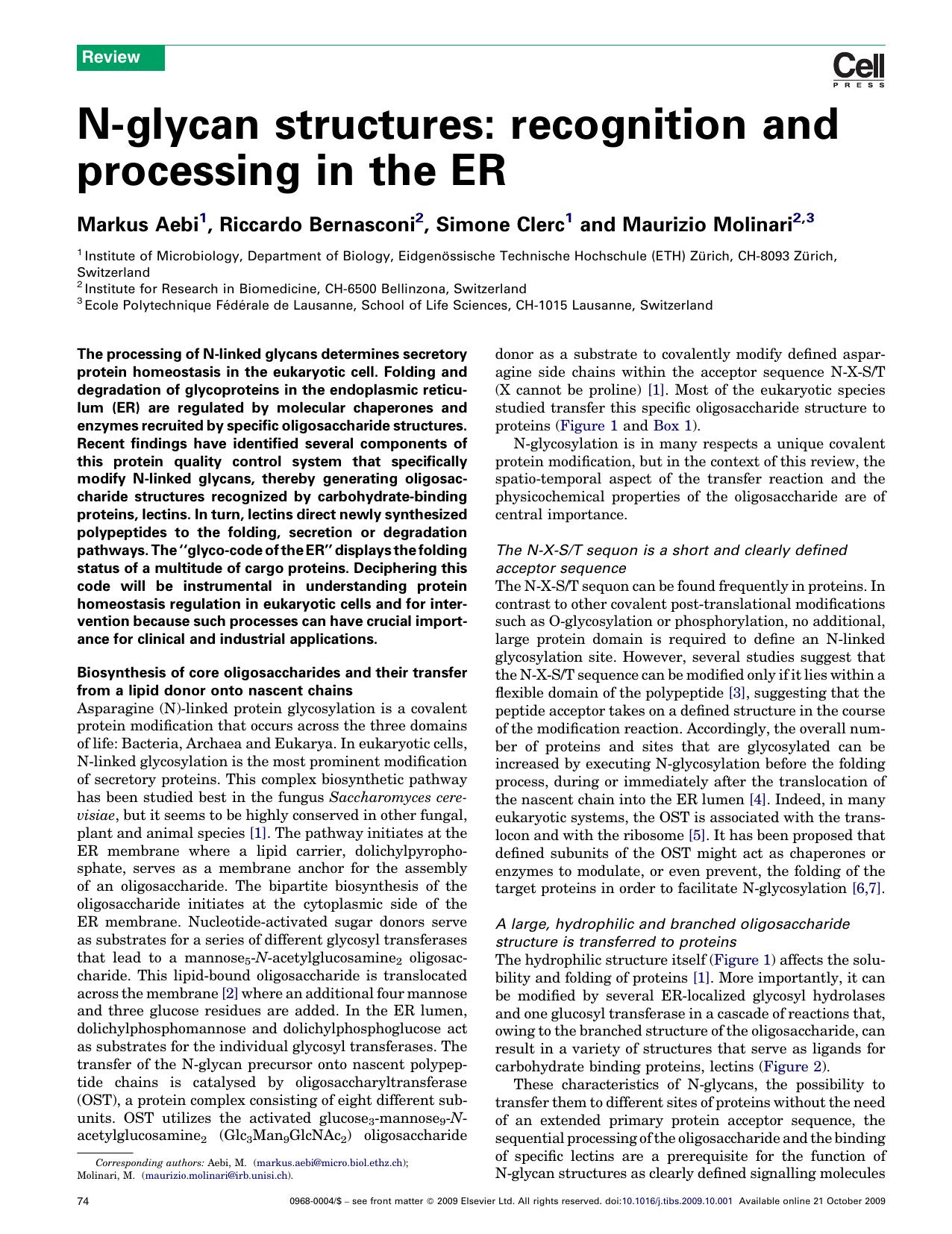 N-glycan structures: recognition and processing in the ER by Markus Aebi; Riccardo Bernasconi; Simone Clerc; Maurizio Molinari