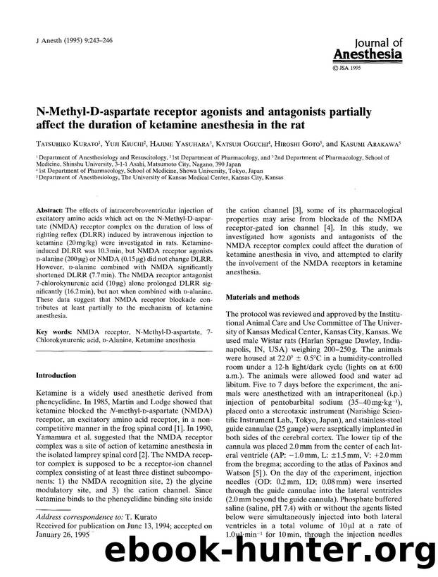 N-methyl-D-aspartate receptor agonists and antagonists partially affect the duration of ketamine anesthesia in the rat by Unknown