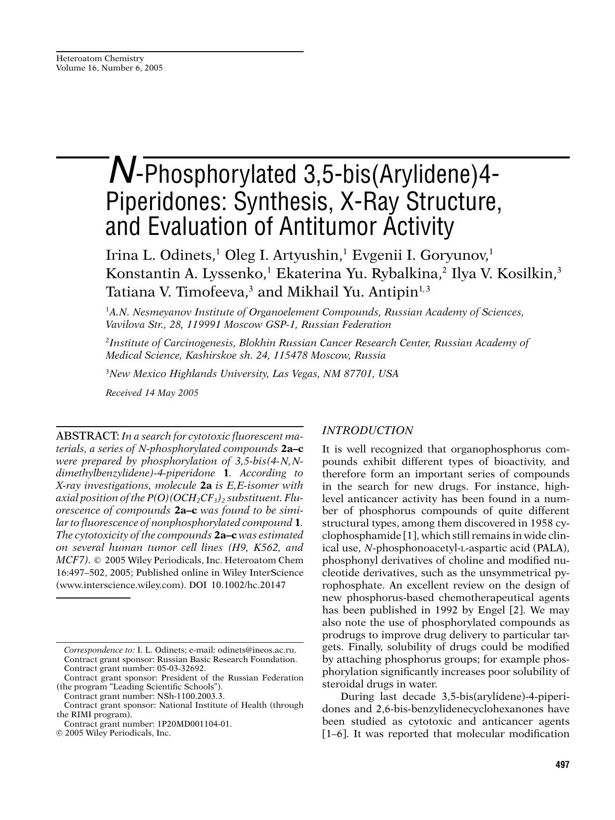 N-phosphorylated 3,5-bis(arylidene)4-piperidones: Synthesis, X-ray structure, and evaluation of antitumor activity by jvp