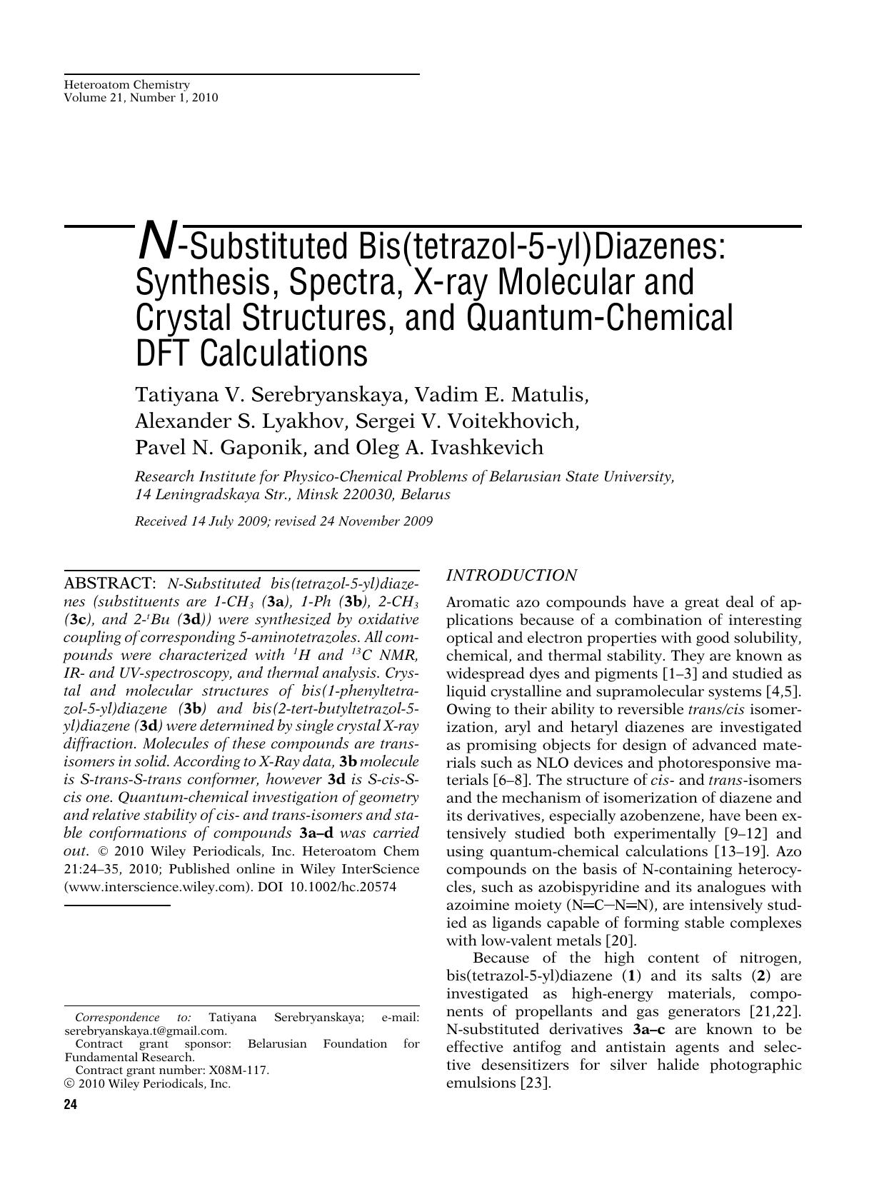 N-substituted bis(tetrazol-5-yl)diazenes: Synthesis, spectra, X-ray molecular and crystal structures, and quantum-chemical DFT calculations by Unknown