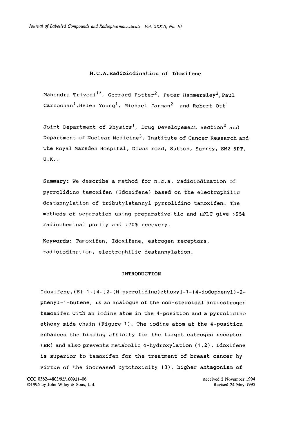 N. C. A. radioiodination of idoxifene by Unknown