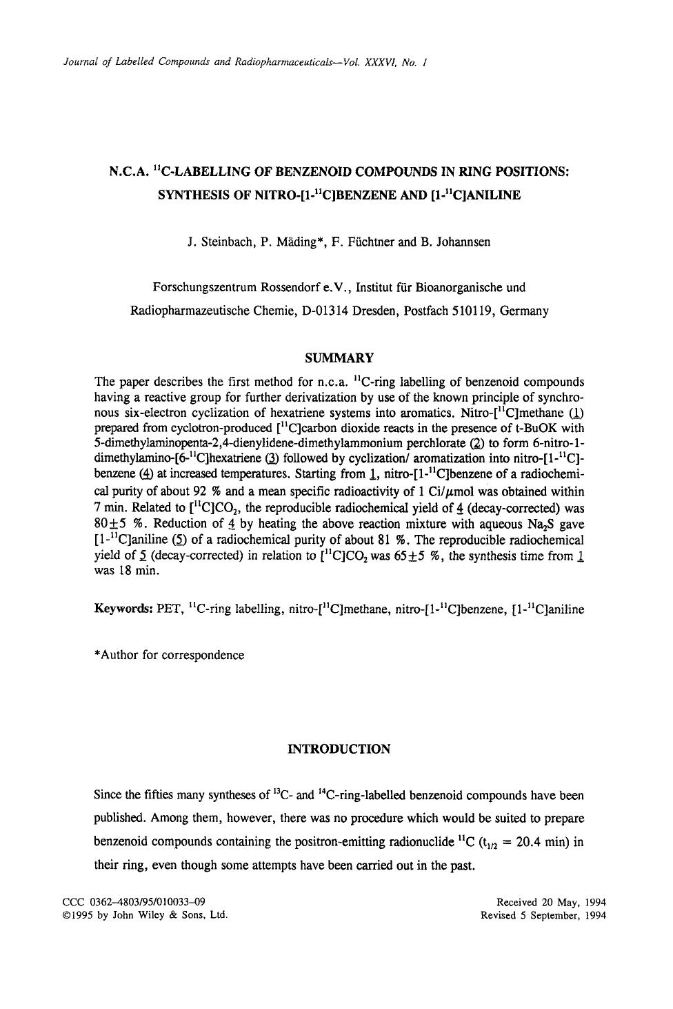 N.C.A. 11C-labelling of benzenoid compounds in ring positions: Synthesis of nitro-[1-11C]benzene and [1-11C]aniline by Unknown