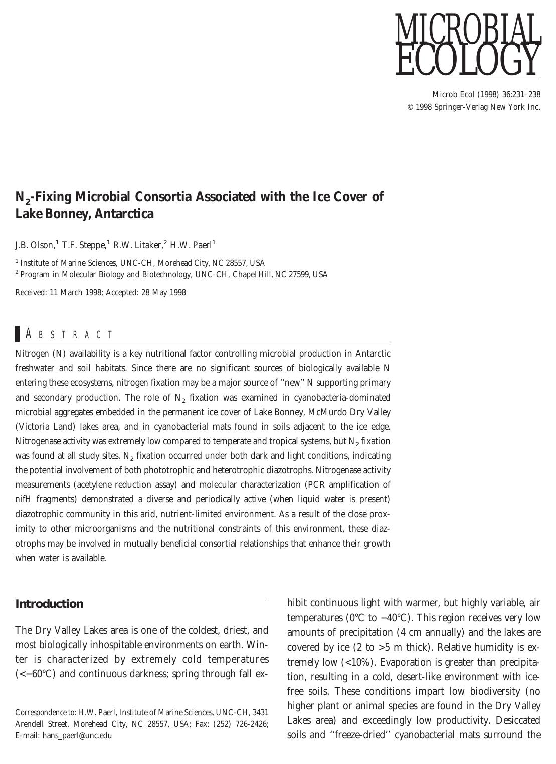 N2-Fixing Microbial Consortia Associated with the Ice Cover of Lake Bonney, Antarctica by Olson J. et al