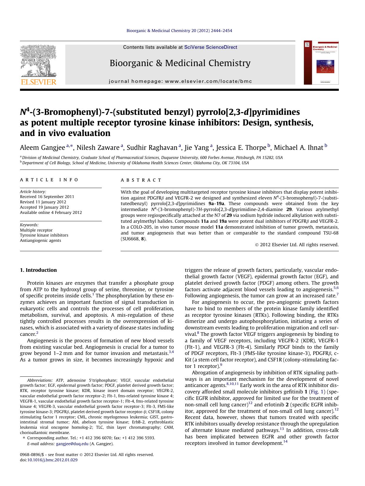 N4-(3-Bromophenyl)-7-(substituted benzyl) pyrrolo[2,3-d]pyrimidines as potent multiple receptor tyrosine kinase inhibitors: Design, synthesis, and in vivo evaluation by Aleem Gangjee & Nilesh Zaware & Sudhir Raghavan & Jie Yang & Jessica E. Thorpe & Michael A. Ihnat