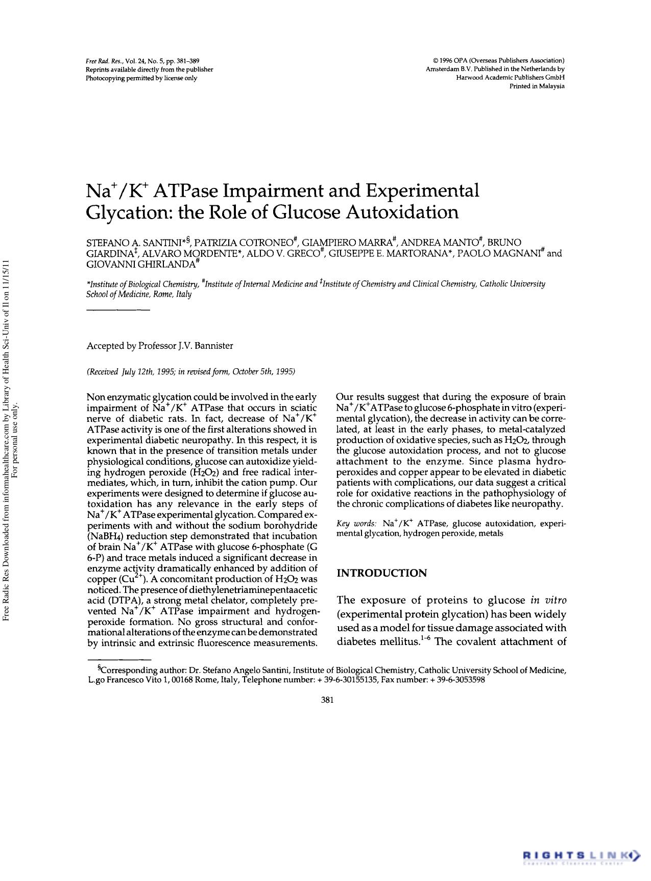 NA+K+ ATPase Impairment and Experimental Glycation: The Role of Glucose Autoxidation by unknow